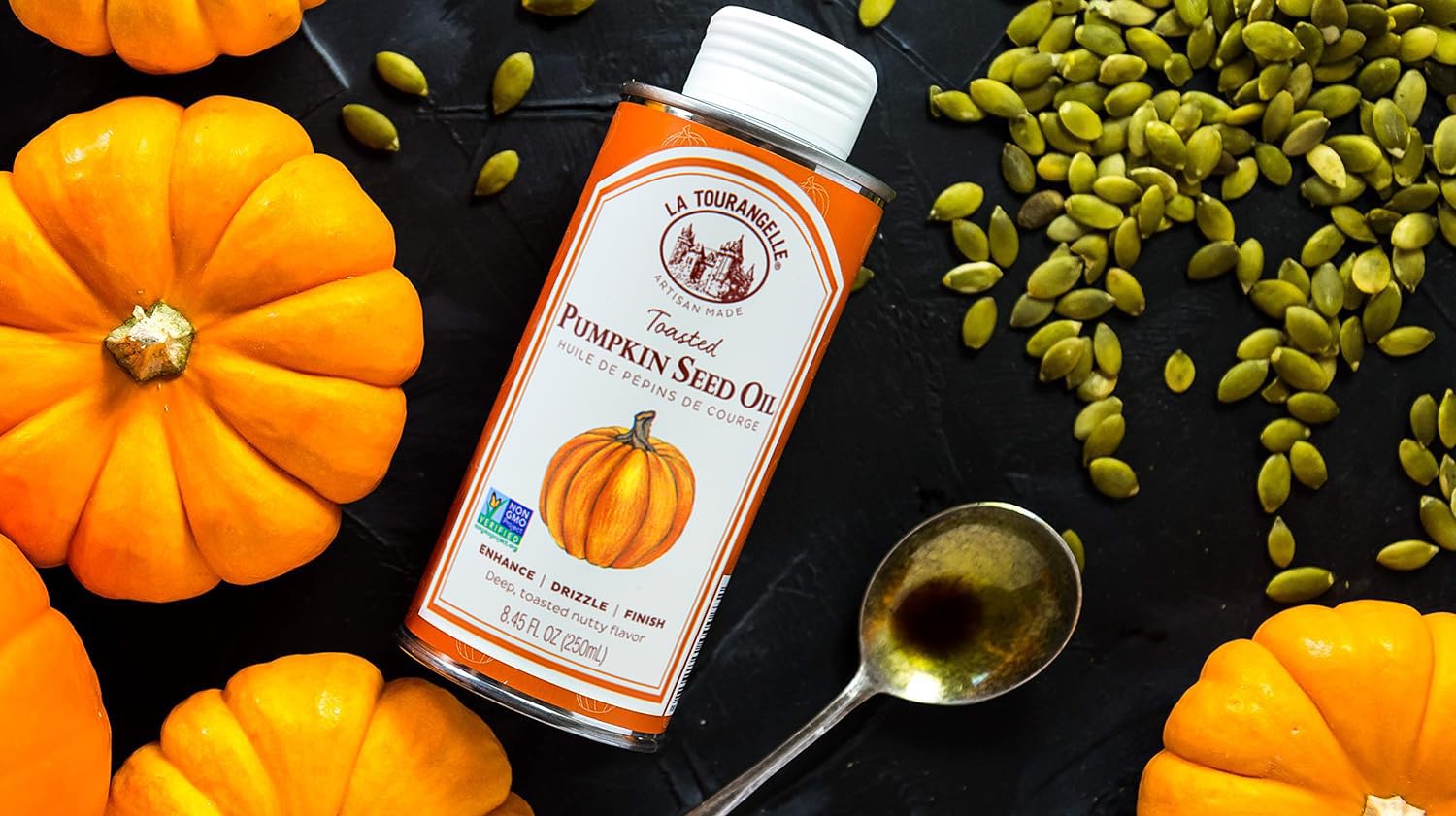 La Tourangelle Toasted Pumpkin Seed Oil - 8.45 fl oz, Cold Pressed, High in Antioxidants - Perfect for Salad Dressings, Cooking, Pasta & Dips | Gourmet Oil for Healthy Recipes & Skin Care