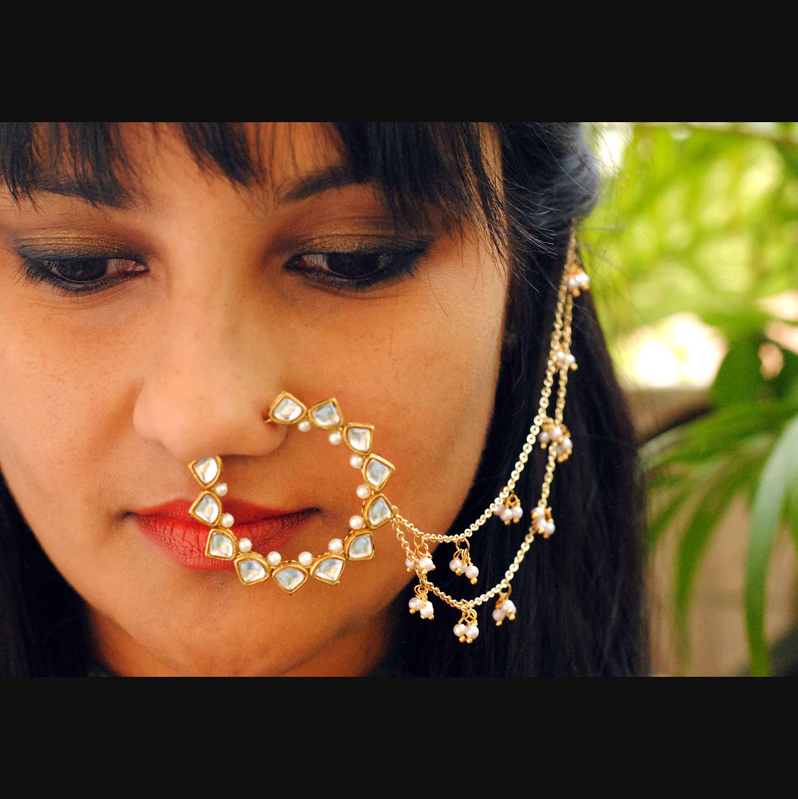 Gold-Plated Kundan Pearl Nose Ring with Double Chain - Traditional Indian Bridal Jewelry for Weddings & Festivals - Perfect for Bridal Accessories, Cultural Events, and Ethnic Fashion