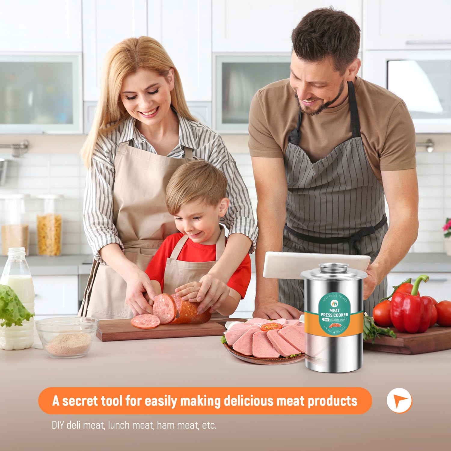 Premium 304 Stainless Steel Meat Press Tool - Ham Maker & Lunch Meat Cooker with Built-in Thermometer & 5 Secret Recipes | Perfect for Homemade Deli Meats, Sandwiches, Charcuterie Boards & Meal Prep