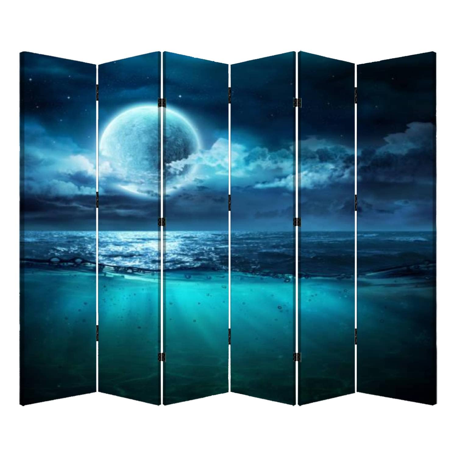 6-Panel Folding Room Divider Screen - Moonlit Ocean & Underwater Scene Design for Privacy | Portable Freestanding Partition for Home, Office, Bedroom | Perfect for Creating Private Spaces, Home Decor & Room Separation