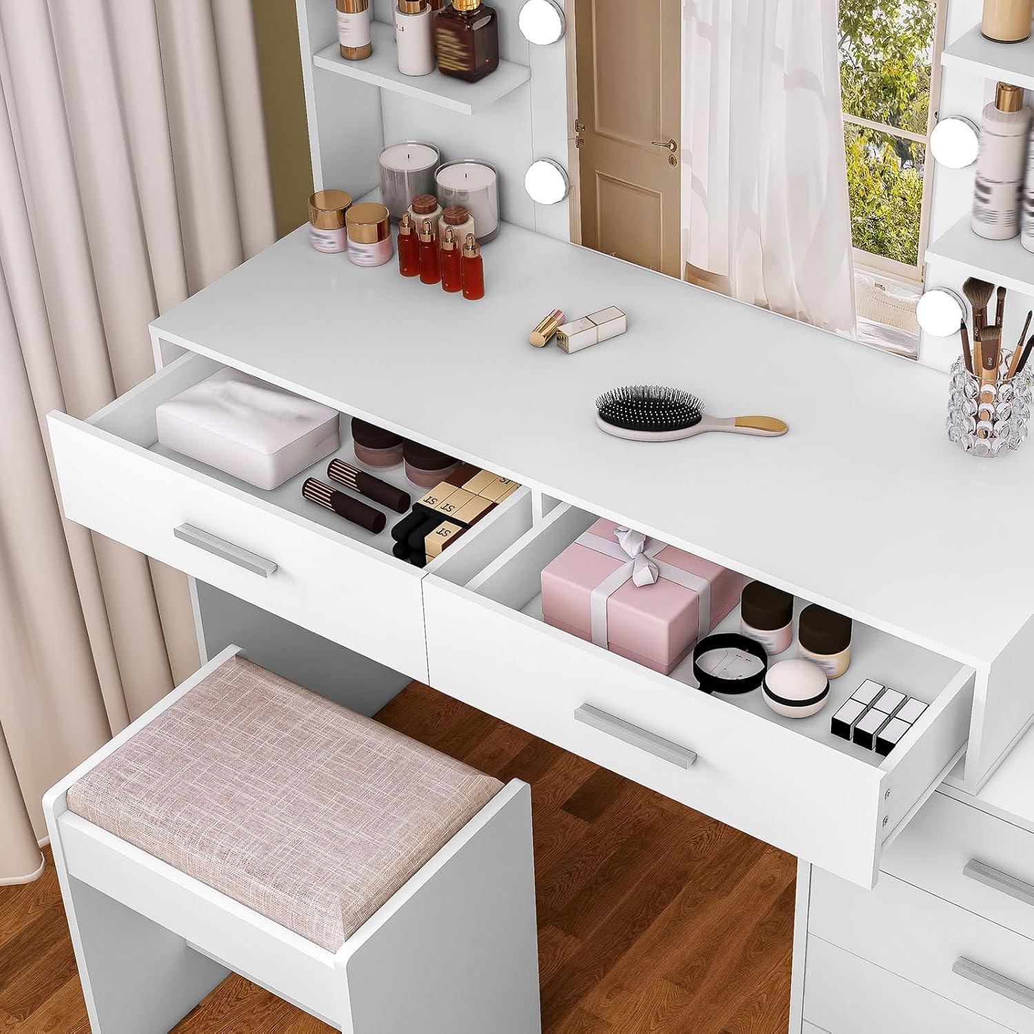 Vanity Desk with Mirror & LED Lights, 48