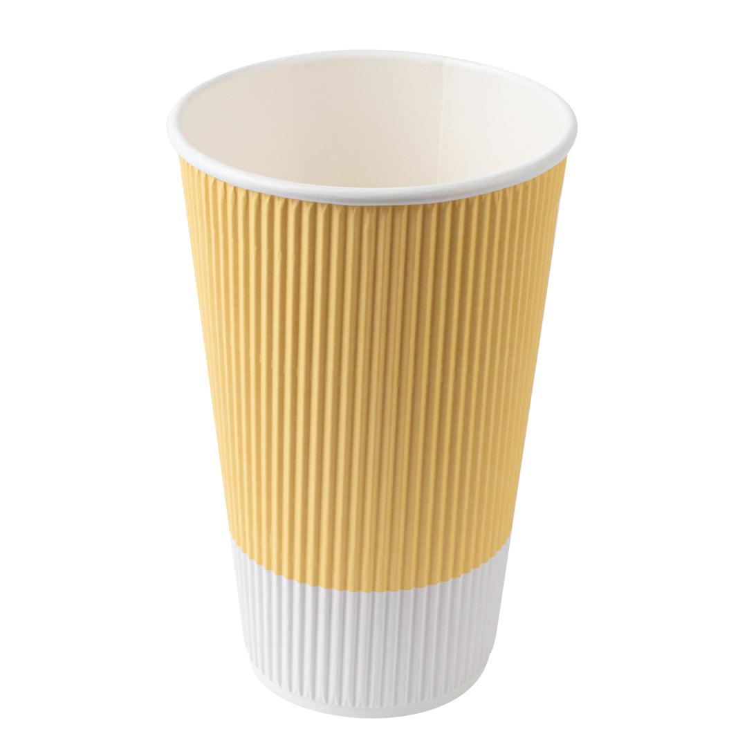 16 oz Light Yellow Ripple Wall Paper Coffee Cups with White Lids - 20 Count Bulk Pack (3.5