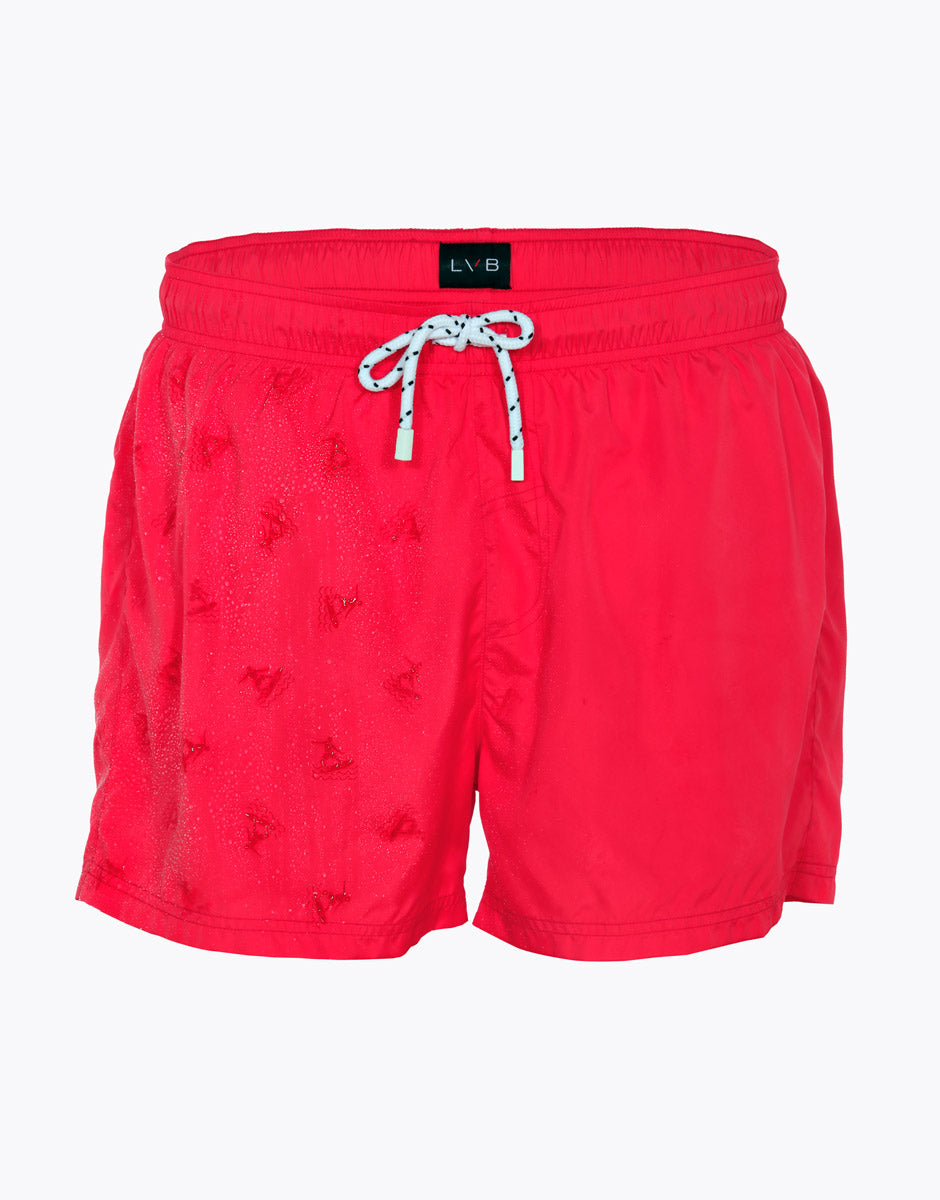 Men's Red Short Swim Trunks with Surf Print - Perfect for Beach, Pool, and Summer Water Sports