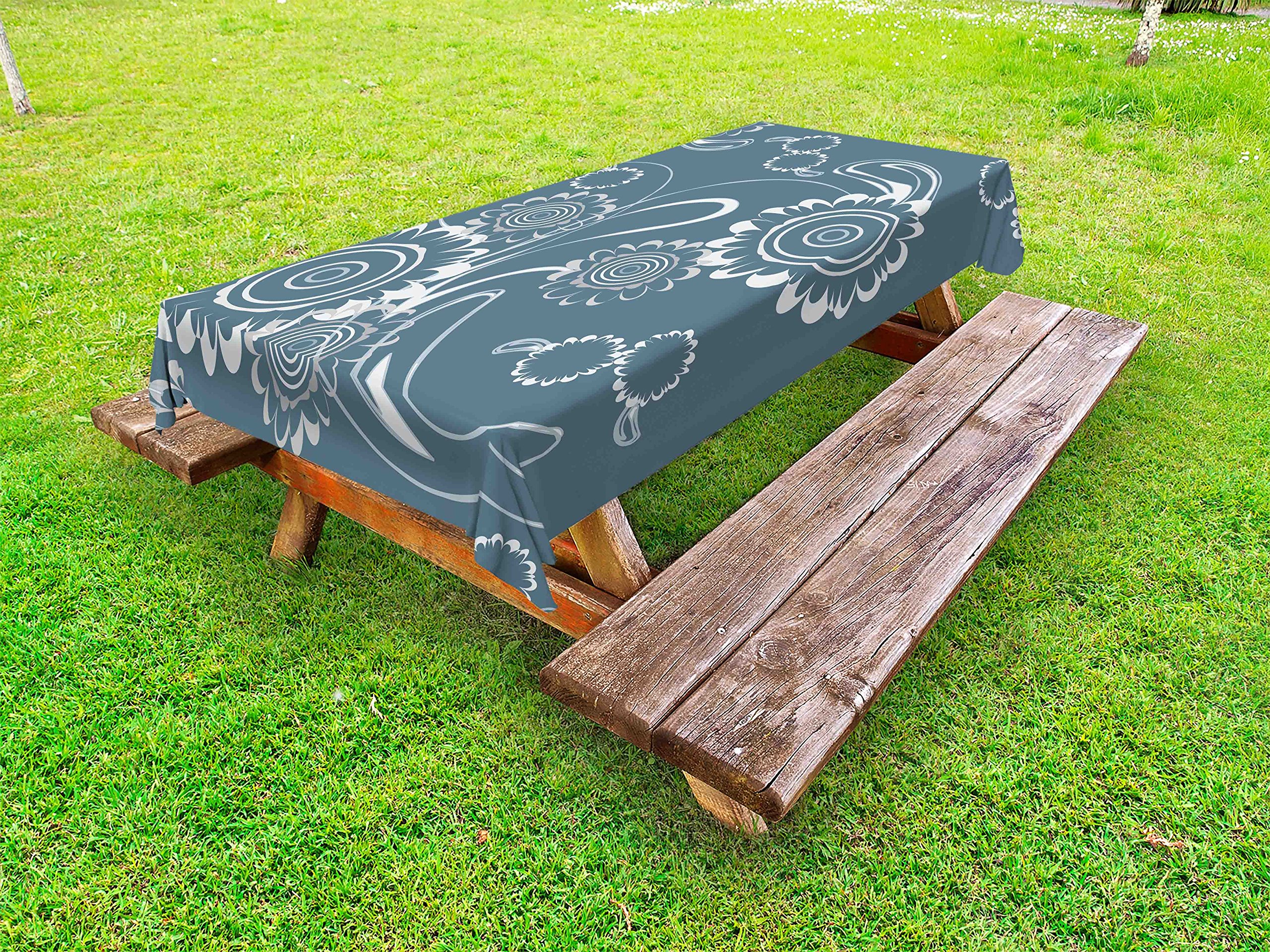 Ambesonne Grey Blue Outdoor Tablecloth - Abstract Blossoming Petals & Swirls Design, Romantic Floral Picnic Table Cover, Waterproof Washable 58x84 Inches, Slate Blue Grey White - Perfect for Garden Parties, BBQs, and Outdoor Dining