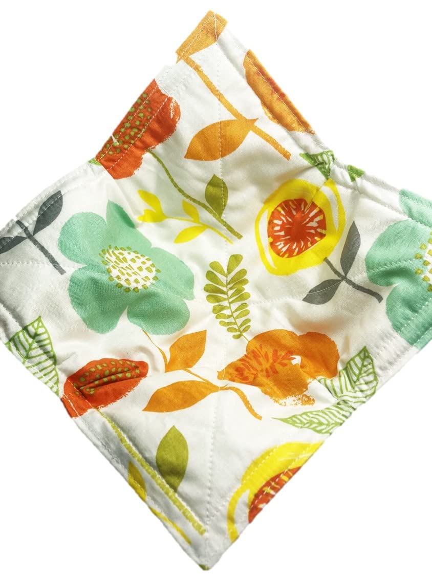 Set of 2 Microwave Bowl Cozies - 8.5 Inch Heat Resistant Cotton Bowl Holders for 8 Inch Bowls, Modern Floral Print (Orange Yellow Aqua) - Perfect for Hot Soup, Oatmeal & Microwave Meals