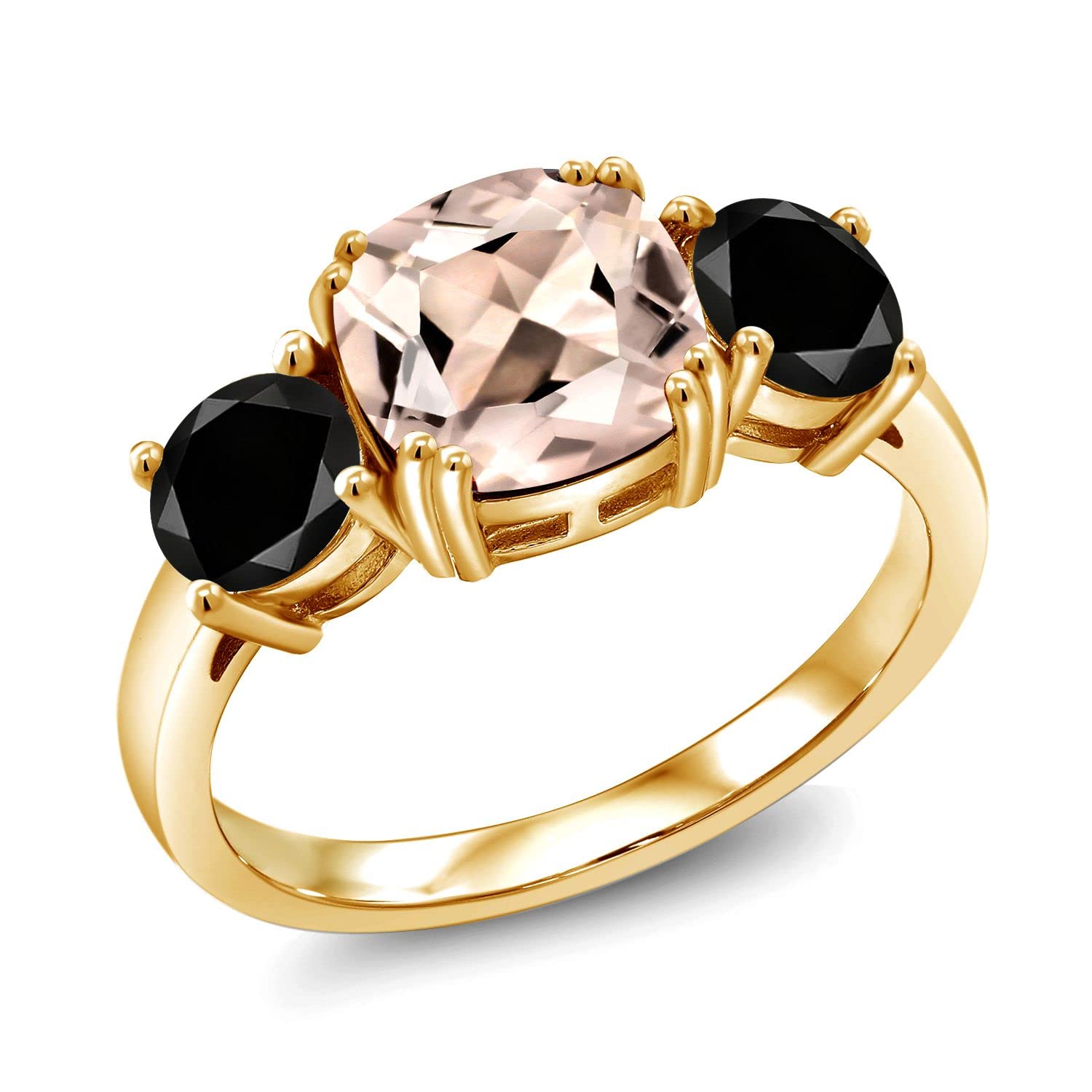 2.98 Ct Cushion Cut Peach Morganite & Black Diamond Ring in 18K Yellow Gold Plated Silver - Elegant Jewelry for Weddings, Anniversaries & Special Occasions