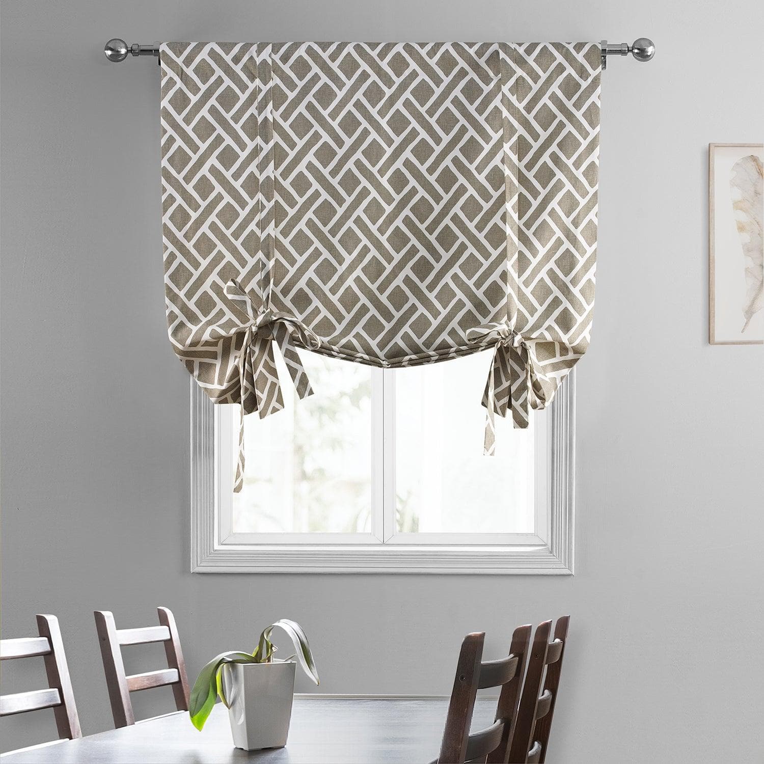 Martinique Taupe Geometric Printed Cotton Room Darkening Tie Up Window Shade - Elegant Window Treatment for Bedroom, Living Room & Home Office