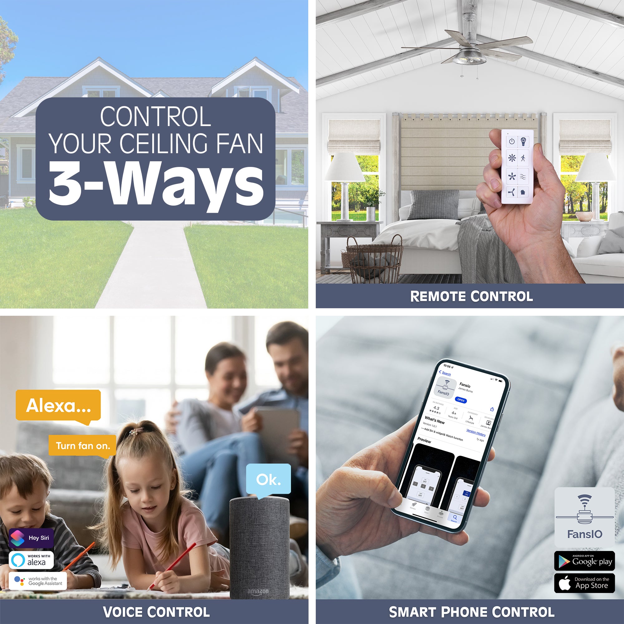 Smart Universal Ceiling Fan Conversion Kit with Wall Mount - Google Home & Alexa Compatible - White - Perfect for Living Room, Bedroom & Home Office
