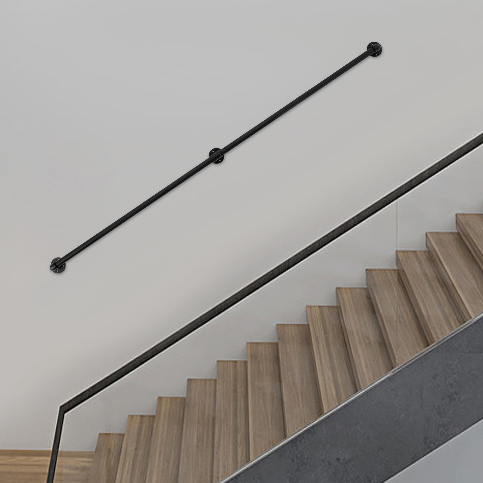 7FT Industrial Iron Stair Handrail - Heavy Duty Pipe Staircase Safety Rail with Wall Mount for Indoor & Outdoor Use | Perfect for Home, Office, Warehouse & Public Spaces