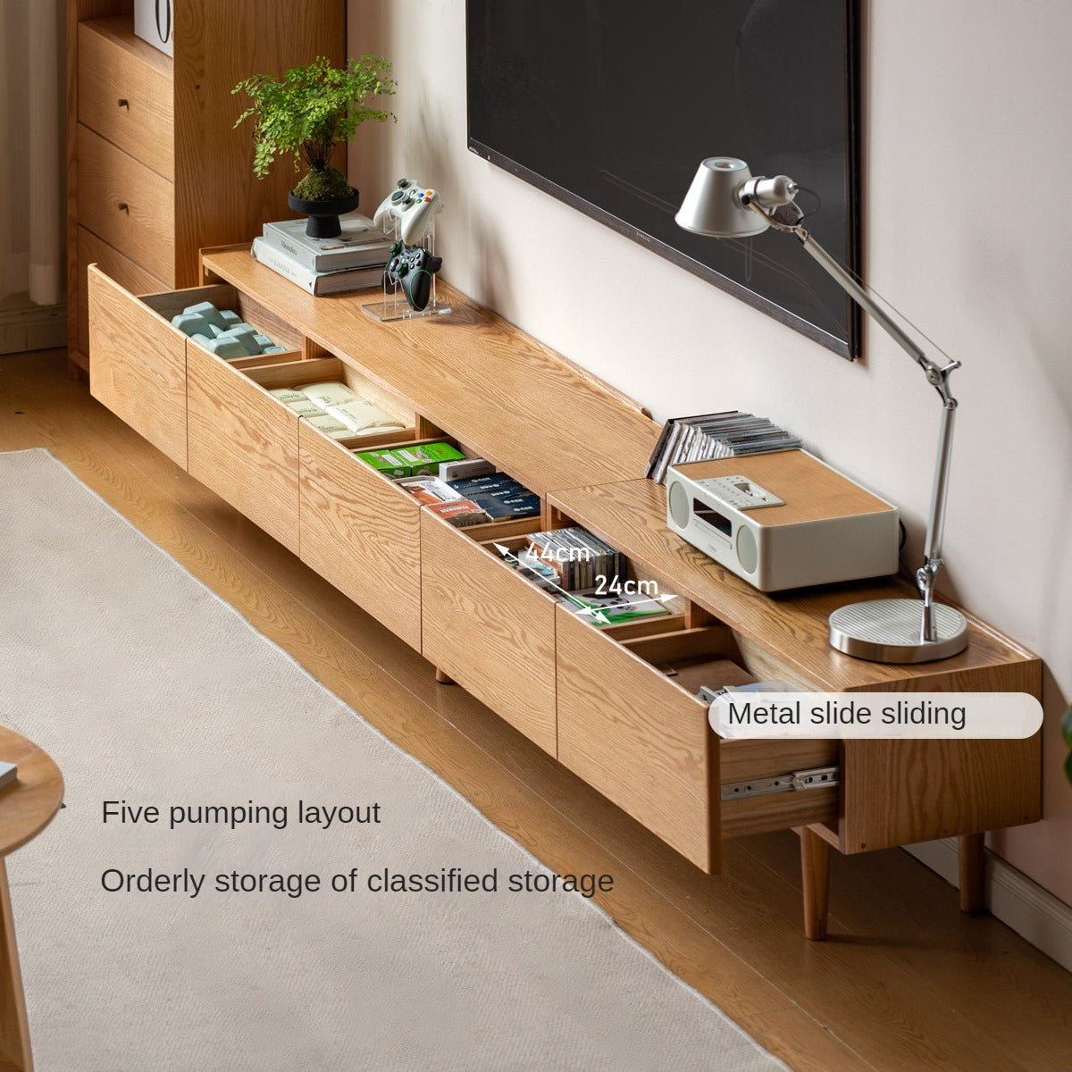 Solid Oak Wood Modern Large TV Stand Floor Cabinet - Stylish Living Room Entertainment Center for Flat Screen TVs