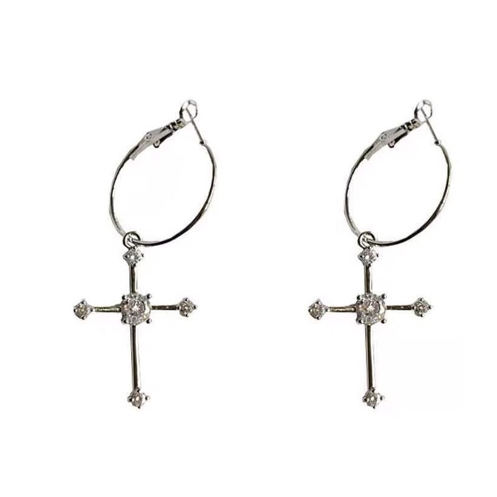 Trendy Korean Style Cross Hoop Earrings for Women & Men - Punk Grunge Dangle Earrings - Fashion Jewelry Gift for Her - Perfect for Parties, Concerts & Everyday Wear