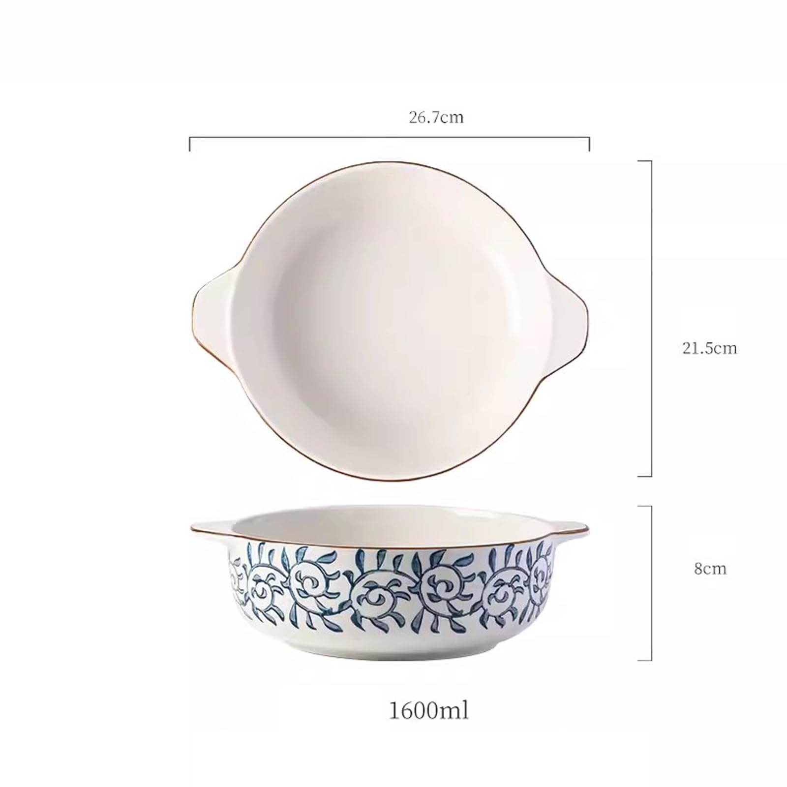 Premium Chinese Ceramic Double Ear Soup Bowl - Large Wave Design Salad & Noodle Bowl - Durable Household Tableware for Kitchen, Restaurant & Daily Use (Color: A)