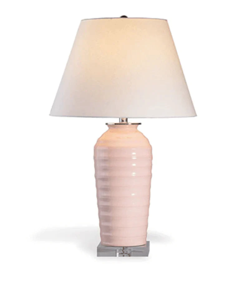 Elegant Blush Pink Porcelain Ribbed Table Lamp with Clear Acrylic Base - Perfect for Bedroom Nightstand, Living Room Side Table, or Office Desk Decor
