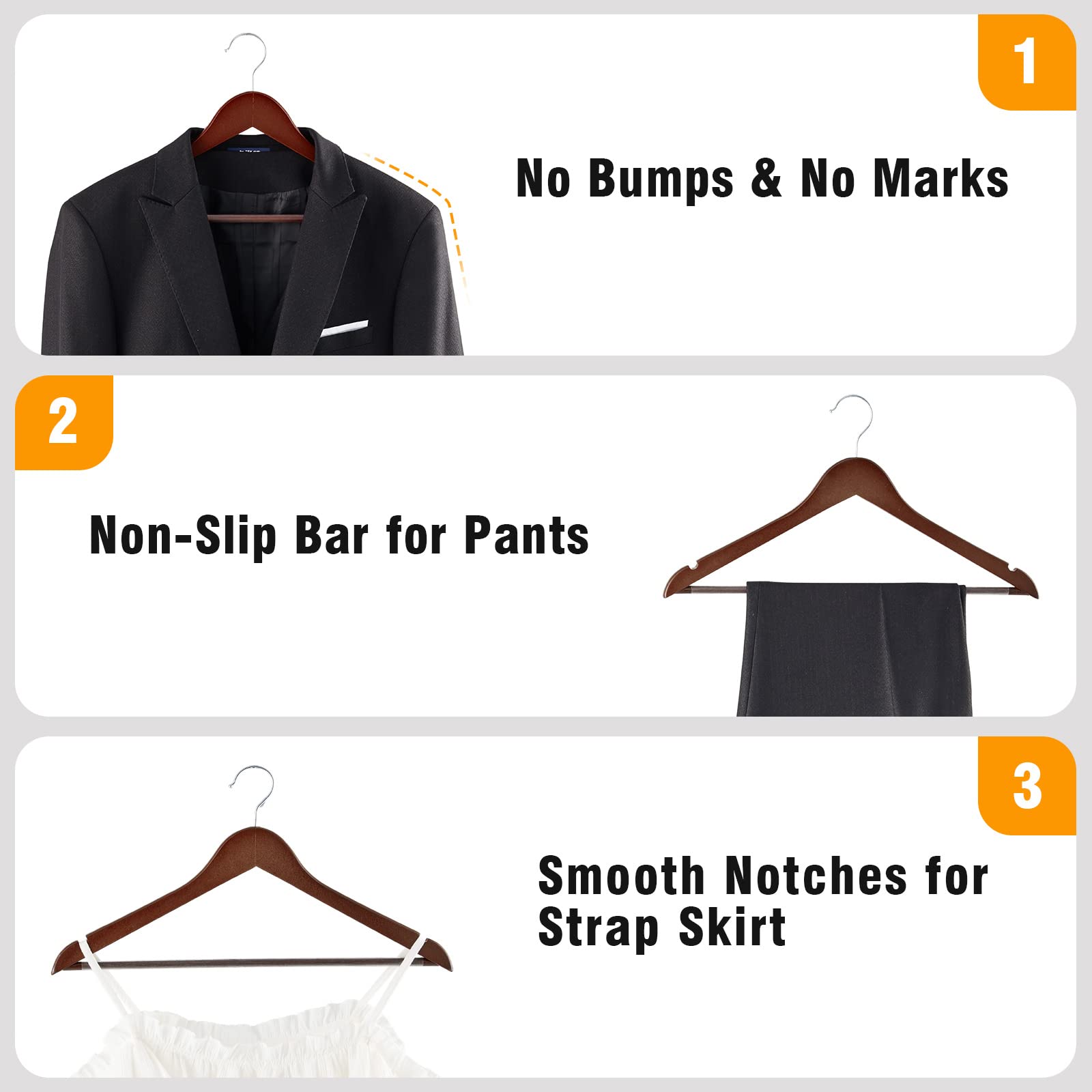 Premium 20-Pack Solid Natural Wooden Coat Hangers - Heavy Duty Smooth Finish Suit Hangers with Non-Slip Pant Bar, Precision Cut Notches & Chrome Swivel Hook - Ideal for Closet, Wardrobe & Luxury Garment Storage