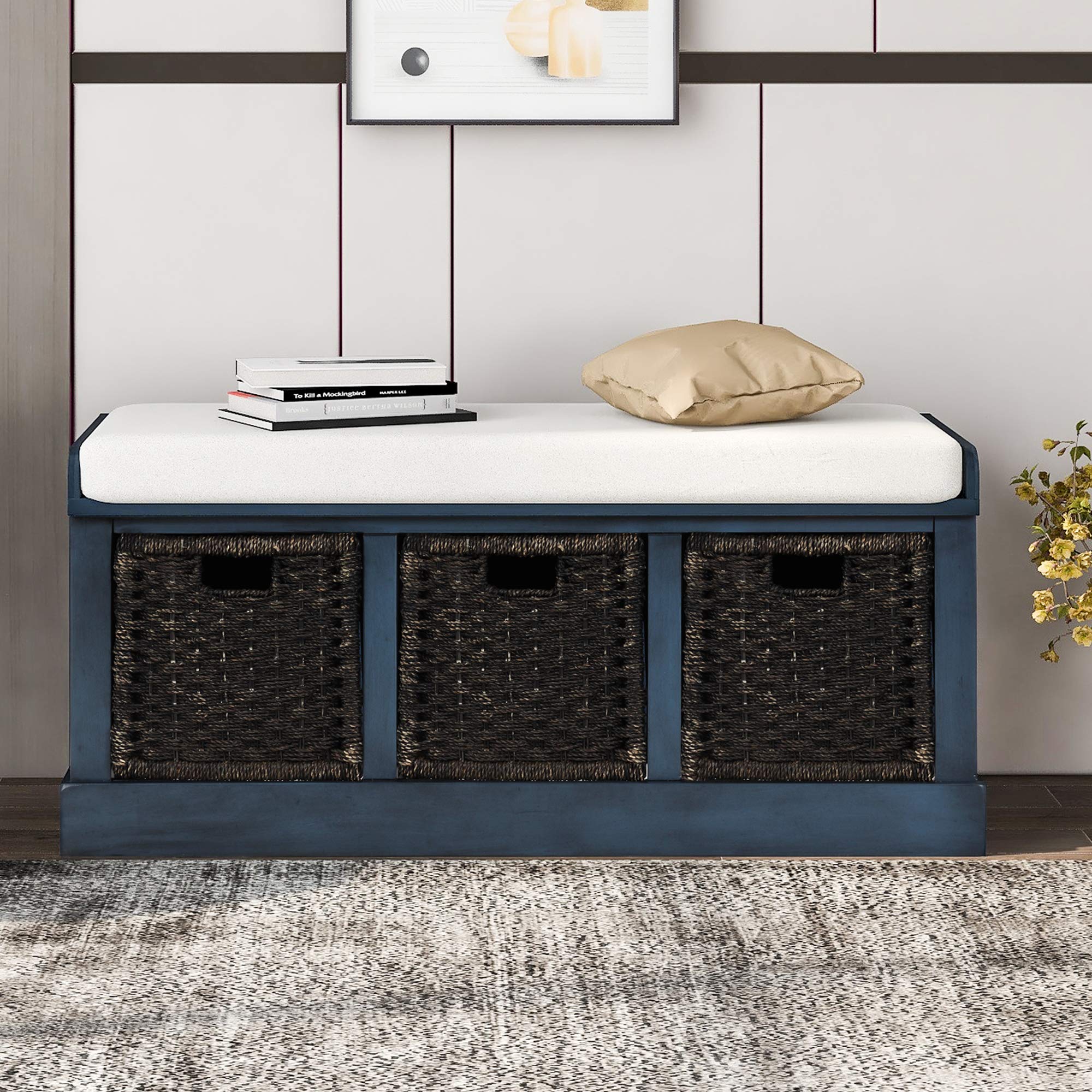 Harper & Bright Designs Rustic Entryway Storage Bench with 3 Removable Baskets & Cushion - Shoe Organizer Bench for Living Room, Hallway, Mudroom | Perfect for Small Spaces & Home Organization