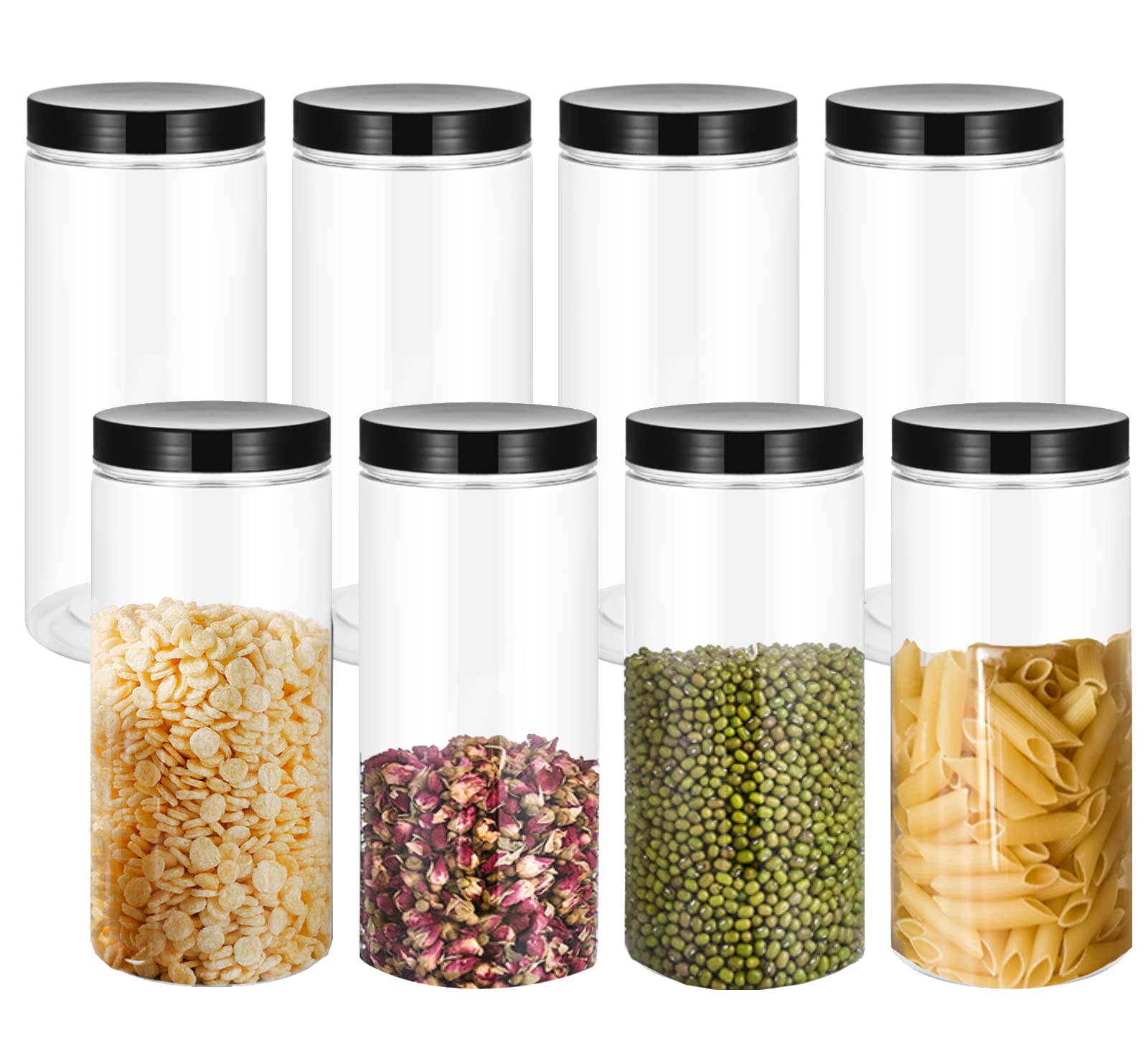 Lawei 8 Pack 34 oz Clear Plastic Jars with Black Lids - Airtight Food Storage Containers for Kitchen Pantry Organization, Perfect for Storing Dry Goods, Nuts, Cookies, Spices, Coffee & More - Ideal for Home, Office & Meal Prep