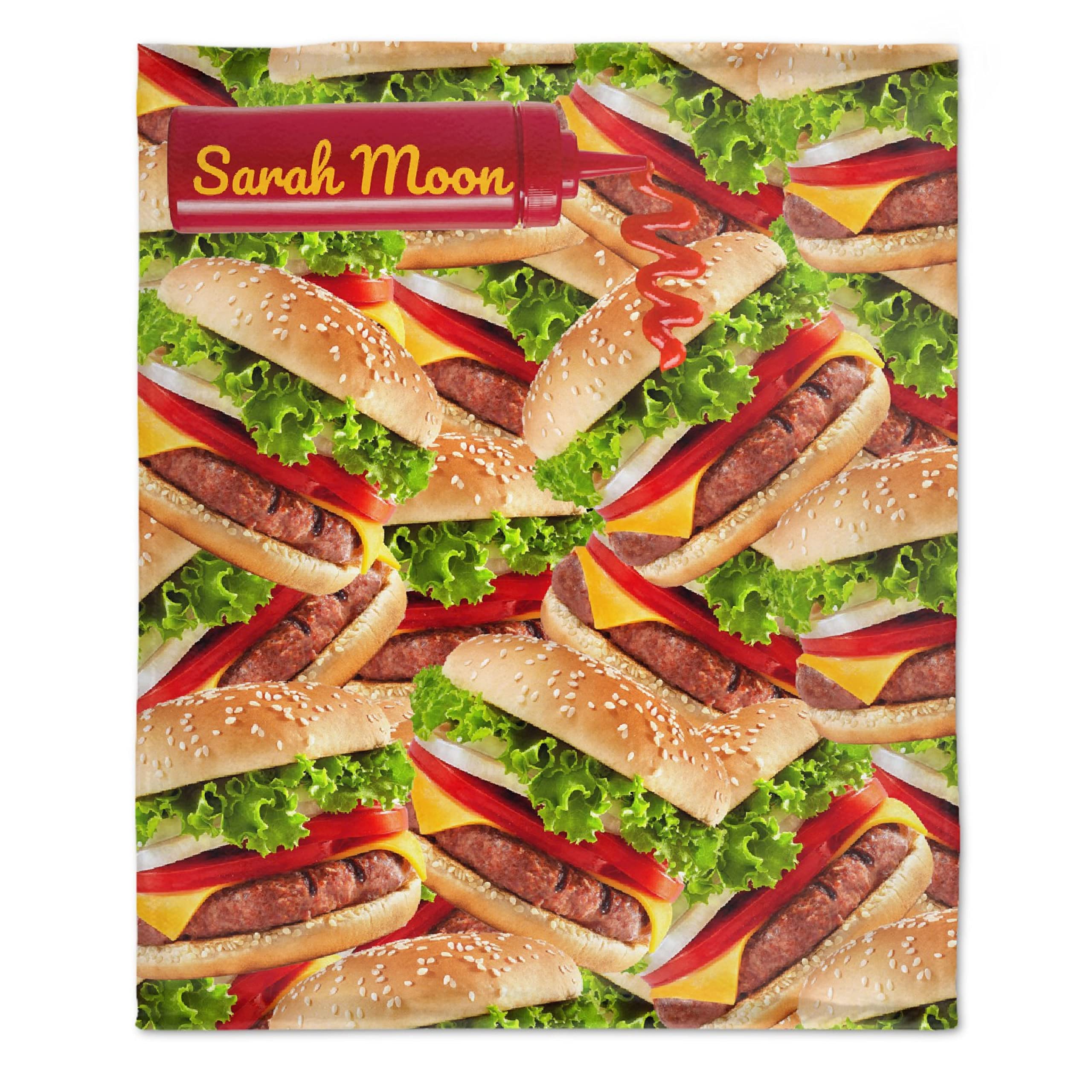 **Personalized Hamburger Blanket with Name - Ultra Soft Flannel Blanket for Boys & Girls - Custom Food-Themed Gift for Kids, Teens & Adults - Perfect for Couches, Beds, Sofas & Home Decor (Custom Background Available)**    **Usage Scenarios:** Cozy up on the couch while watching movies, add fun to your bedroom decor, or gift it for birthdays, holidays, or special occasions!