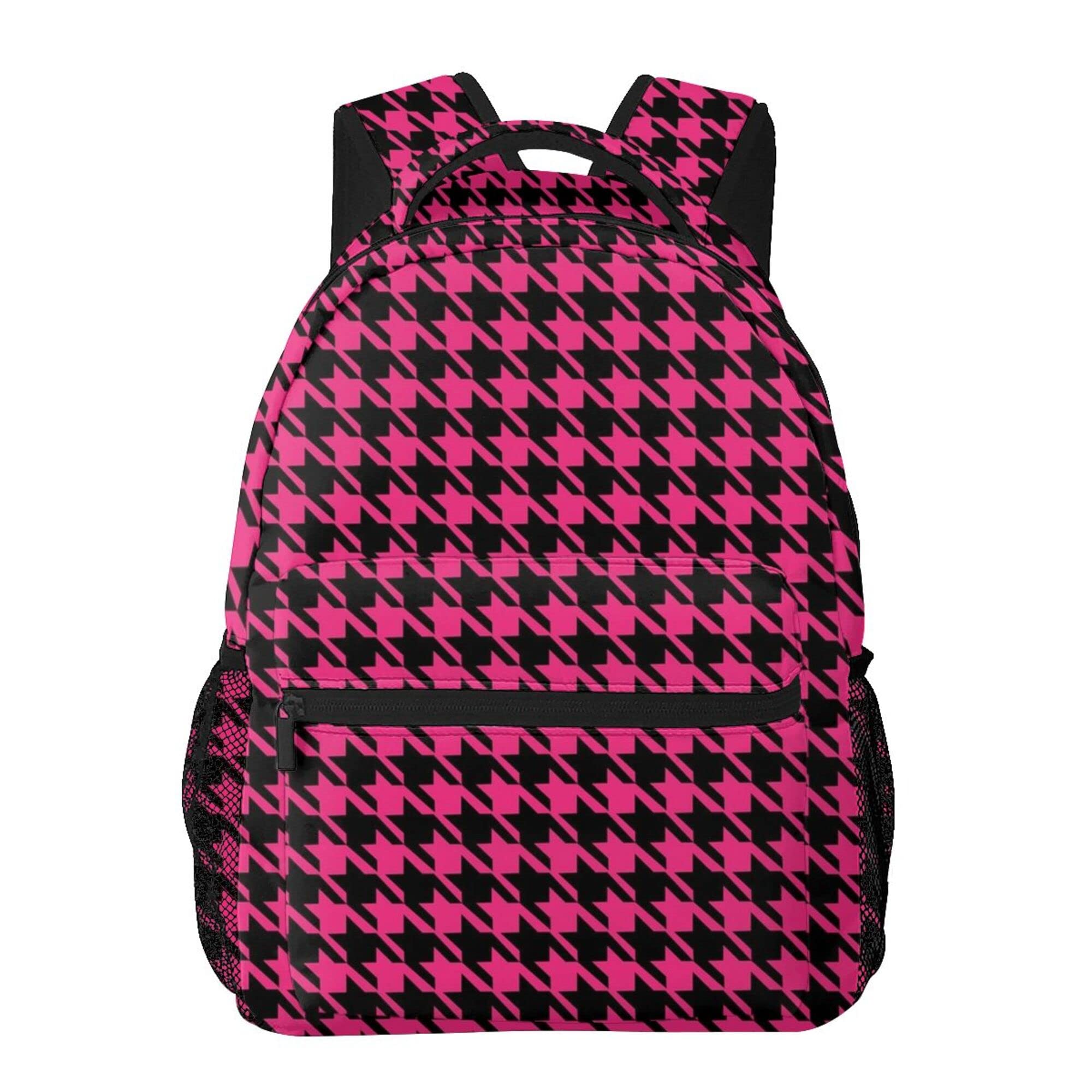 Stylish Houndstooth Pink Travel Backpack for Women & Men - Adjustable College Backpack for School, Work & Outdoor Adventures | Perfect for Commuting, Hiking & Daily Use