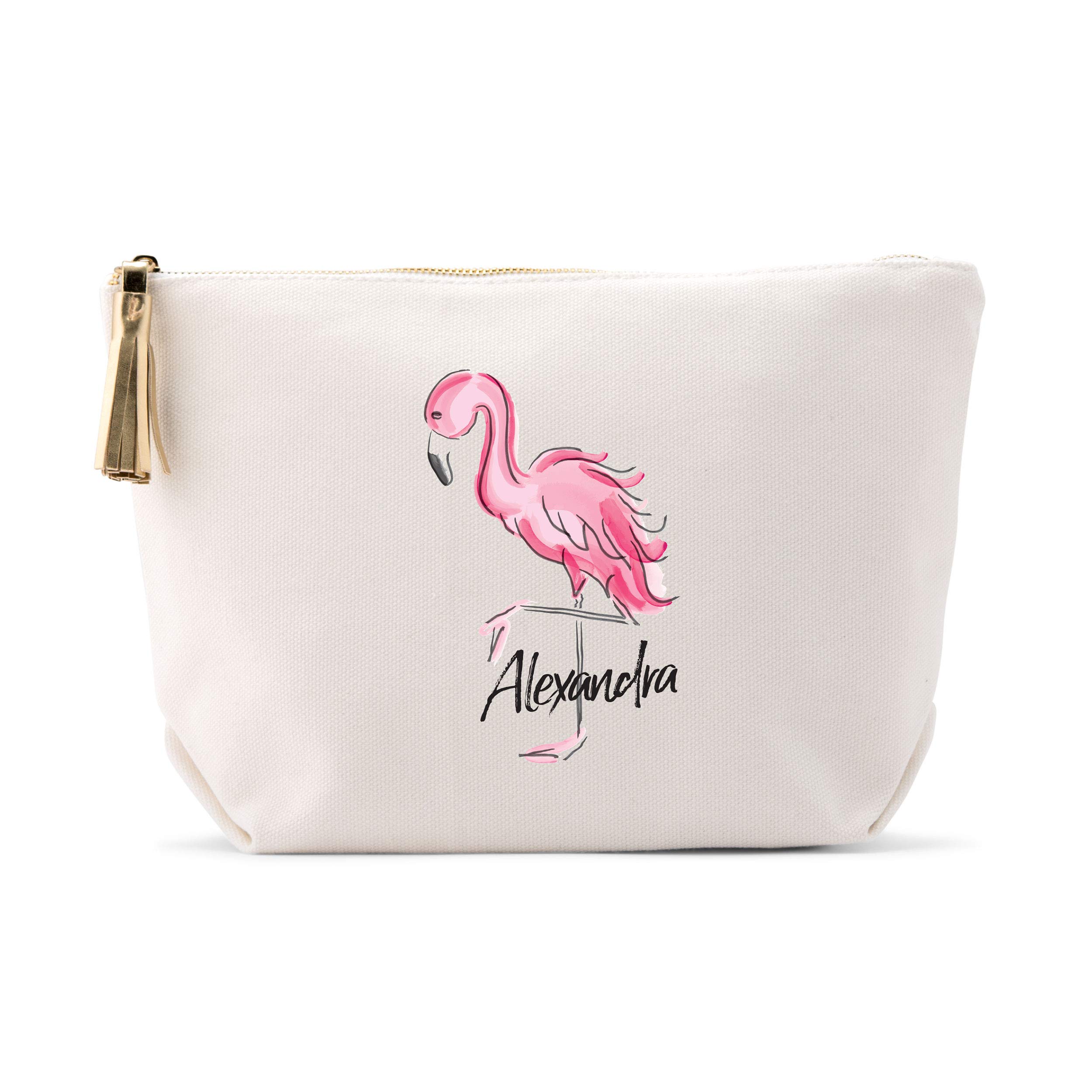 WEDDINGSTAR Large Personalized Canvas Makeup Bag - Flamingo White | Customizable Cosmetic Pouch for Bridal Shower, Travel & Bachelorette Party Gifts