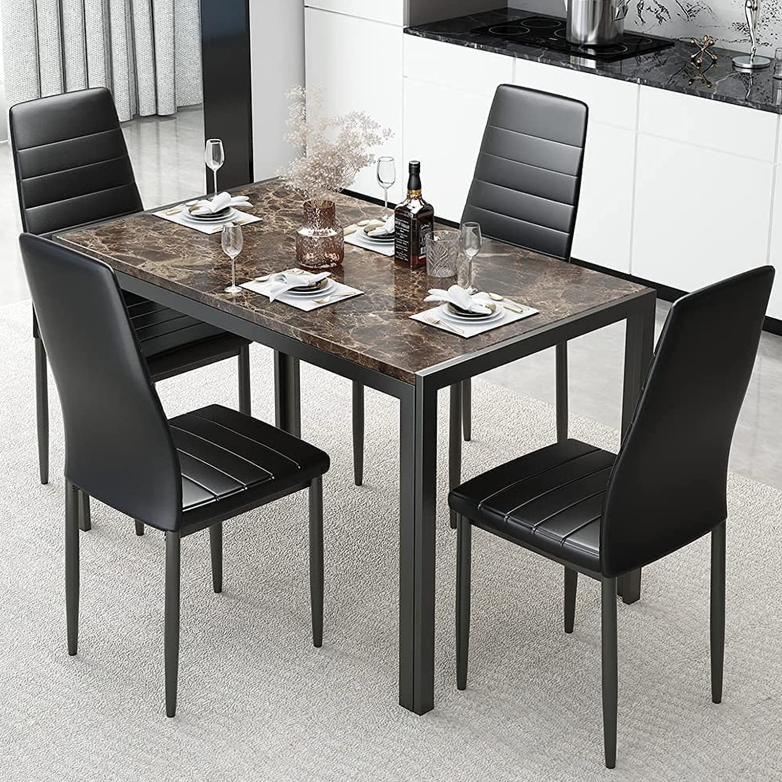5-Piece Faux Marble Dining Table Set for 4 with PU Leather Chairs - Modern Kitchen & Breakfast Table for Small Spaces - Perfect for Apartments, Condos & Cozy Dining Rooms (Brown)