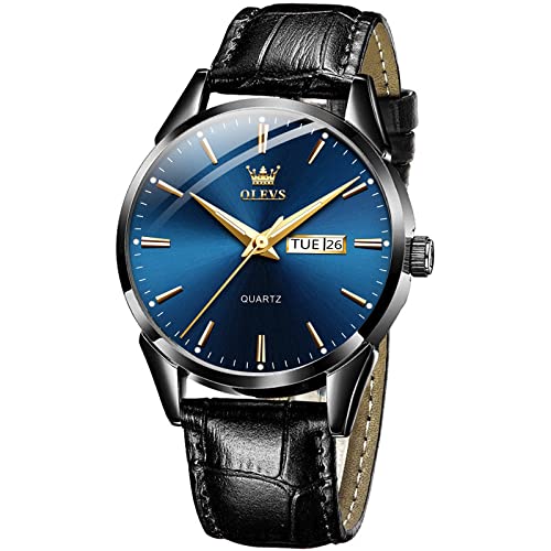 Black Leather Man Watch Blue Dial
