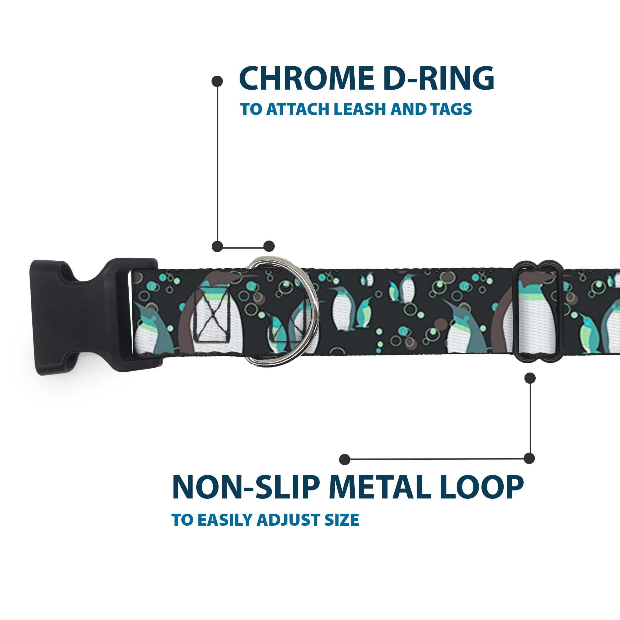 Buckle-Down Plastic Clip Dog Collar - Emperor Penguins with Bubbles Design (Black/Gray/Turquoise) - 1 Inch Wide - Adjustable 15-26 Inch Neck - Large Size - Perfect for Daily Walks, Pet Fashion & Outdoor Adventures