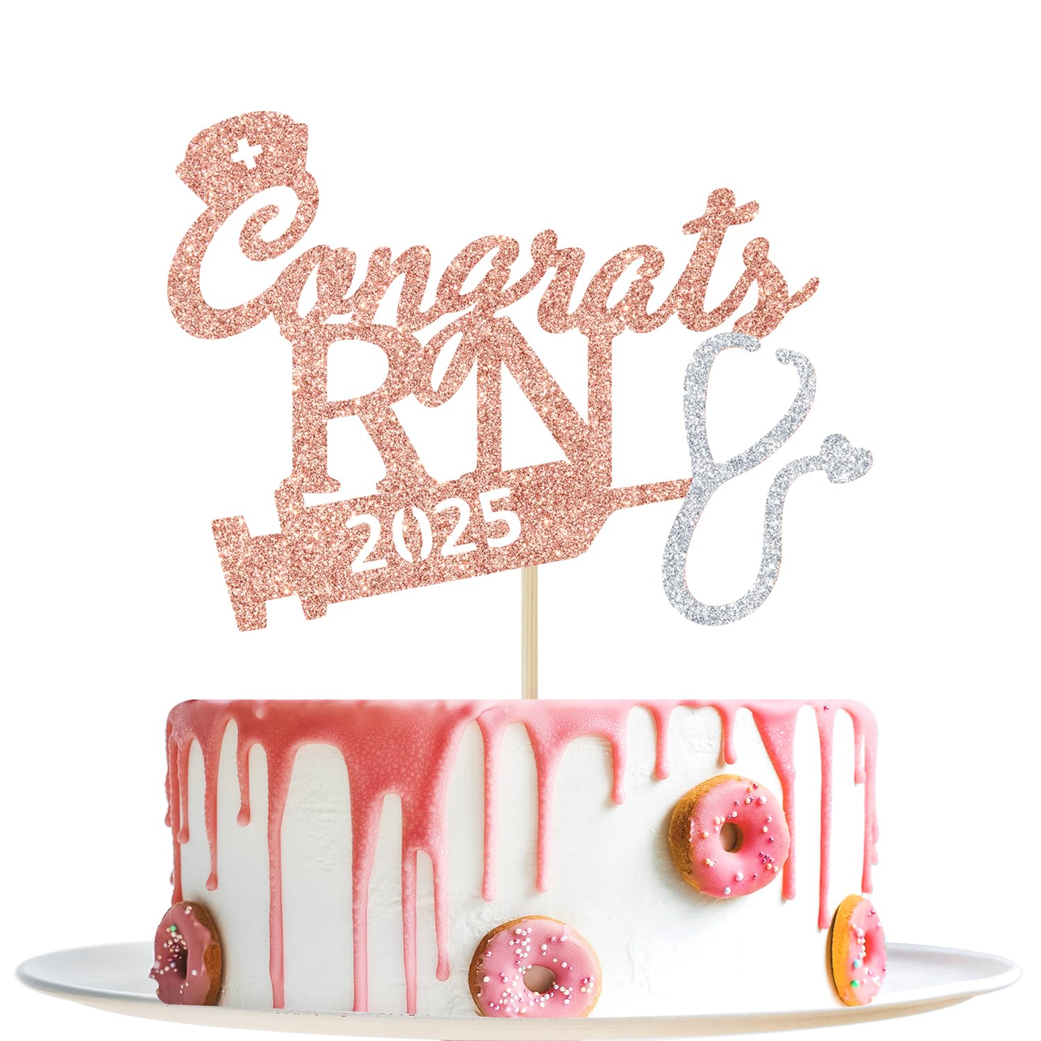 Rose Gold Glitter Congrats RN 2025 Cake Topper - 2025 Nursing Graduation Party Decorations, Nurse Graduation Photo Props for RN Graduates | Perfect for Nursing School Graduation Cakes, Nurse-Themed Parties & Graduation Photo Shoots