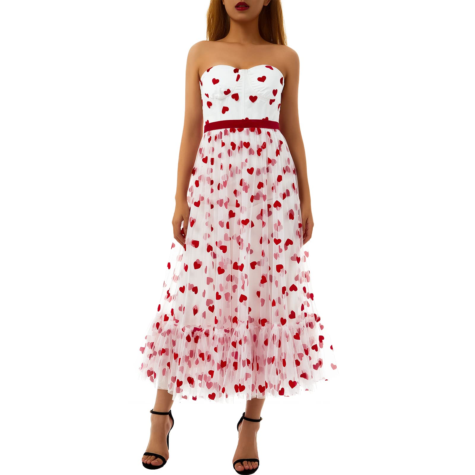 Women's Summer Tulle Dress - Sleeveless Backless Off Shoulder Heart Print Party Dress for Valentine's Day, Date Night & Beach Vacation