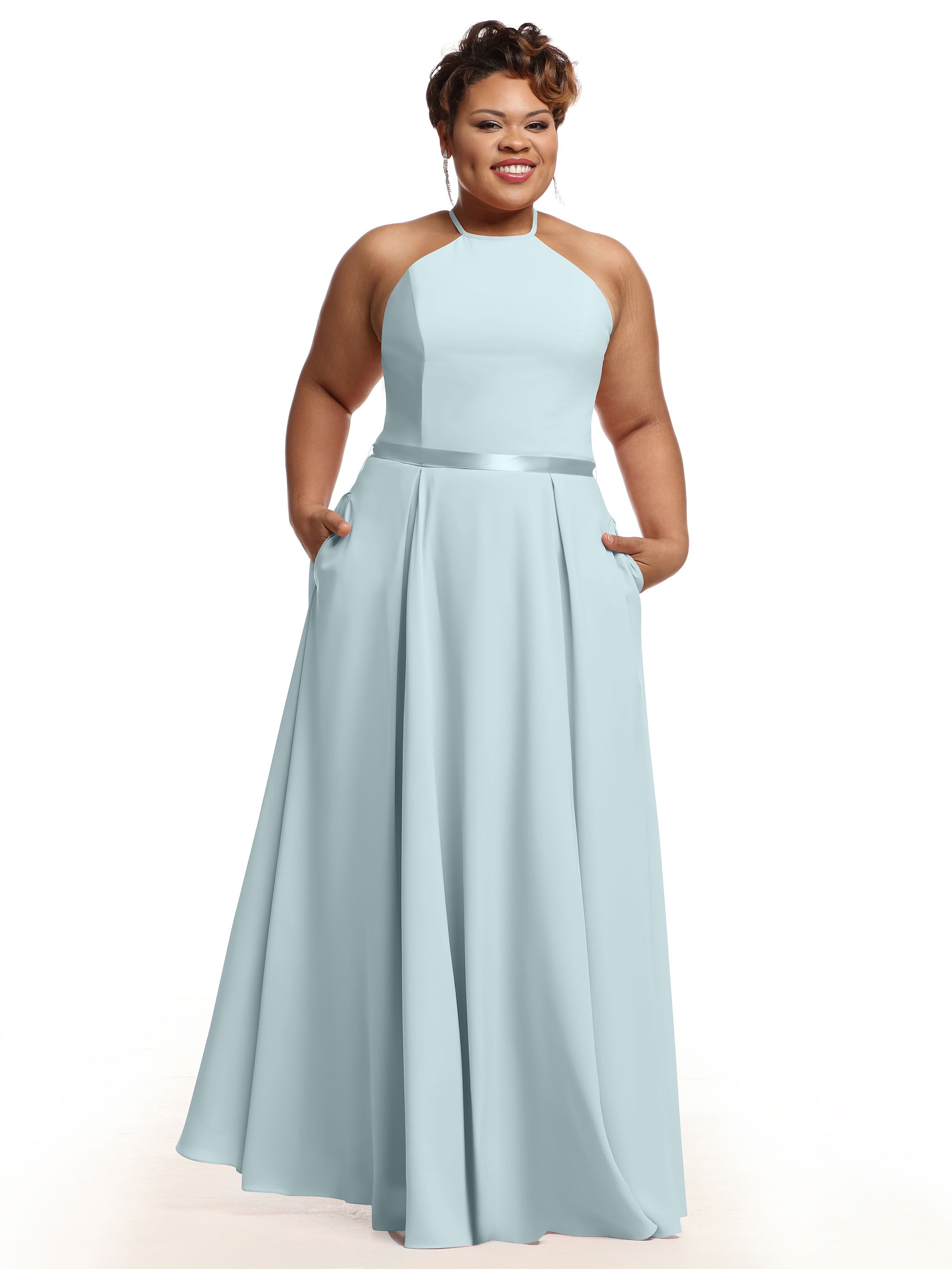 Elegant A-Line Stretch Chiffon Bridesmaid Dress with Halter Neckline & Waist Belt - Perfect for Weddings, Formal Events & Special Occasions