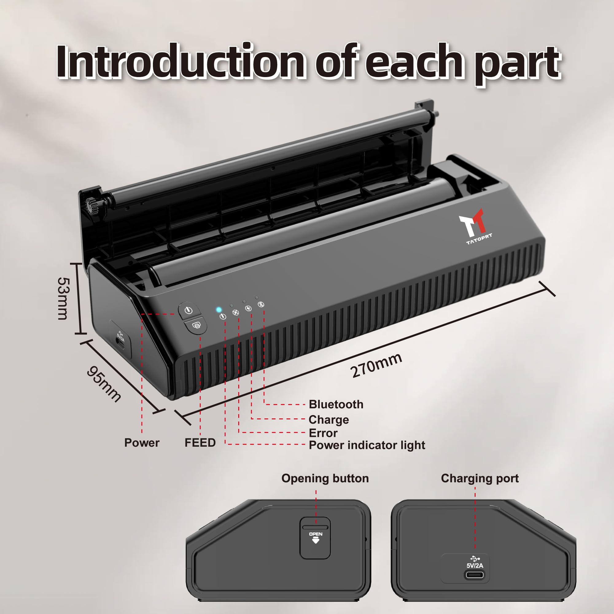 Wireless Bluetooth Tattoo Stencil Printer Machine - Portable Thermal Transfer Copier for Tattoo Artists, 2500mAh Rechargeable with 10pcs Stencil Paper, Compatible with Phone & PC - Perfect for Tattoo Studio, Home Practice and Professional Tattooing