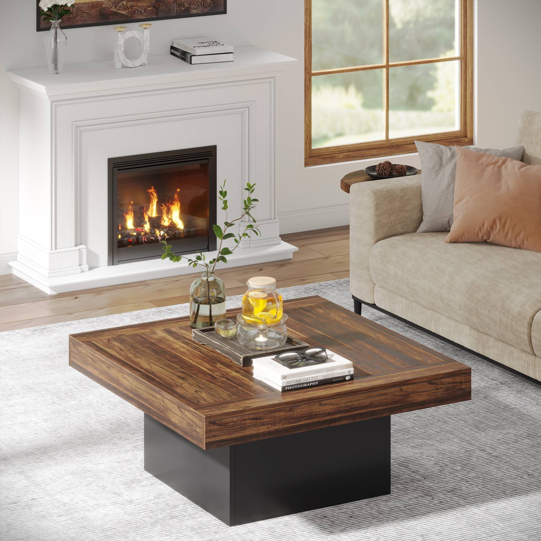 Modern Square Coffee Table with LED Lights - Rustic Farmhouse Wood Cocktail Table for Living Room, Lounge & Home Decor