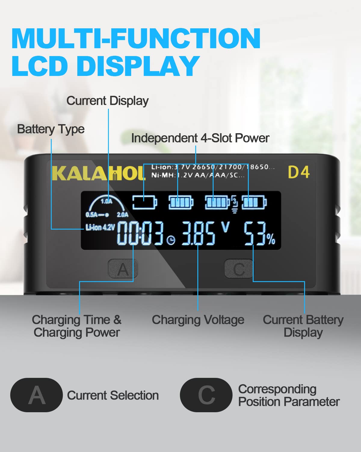 18650 Battery Charger - KALAHOL 4-Slot Universal Fast Charger with LCD Display for Li-ion 18650/26650 & Ni-MH/Ni-Cd AA/AAA Batteries | Micro USB Powered | Perfect for Flashlights, Vapes, Cameras & Electronic Devices