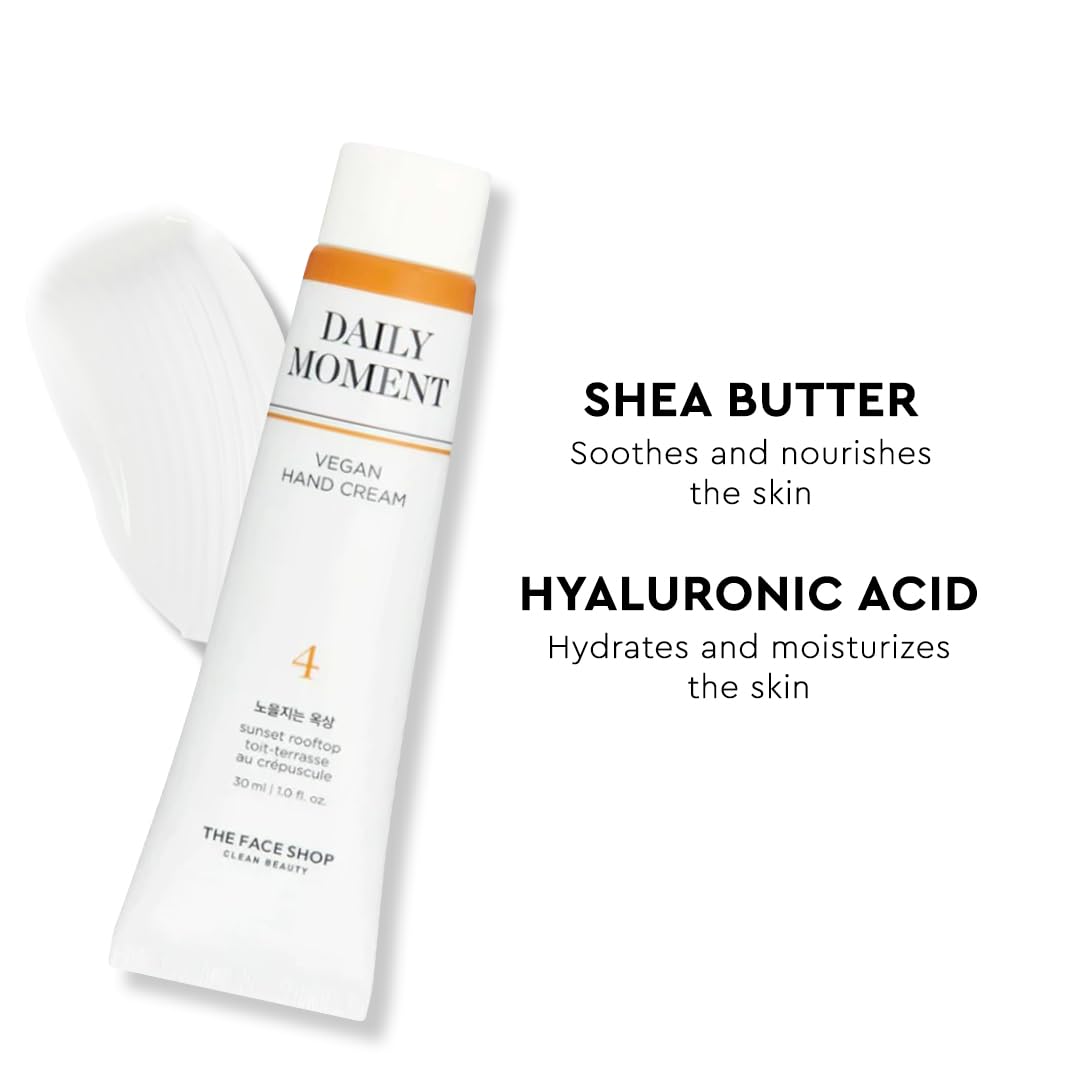 The Face Shop Daily Moment Vegan Hand Cream - Sunset Rooftop Scent with Hyaluronic Acid & Shea Butter | Non-Greasy, Fast Absorbing Moisturizer for Dry Hands | 30ml Travel Size | Perfect for Office, Travel & Daily Hydration