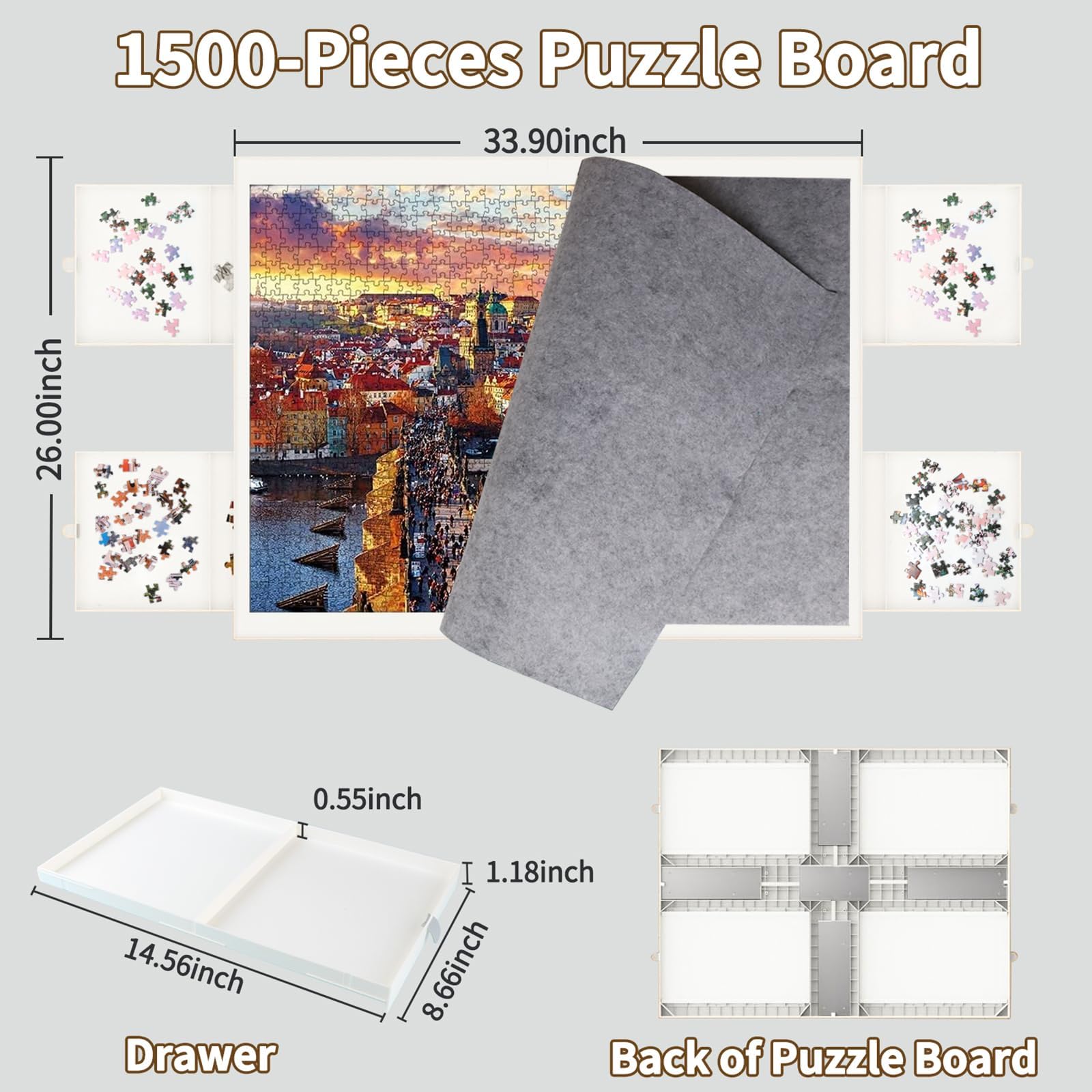BZseed 1500-Piece Detachable Puzzle Board with Storage Drawers & Cover - Portable Jigsaw Puzzle Table for Adults & Kids - Perfect for Family Game Nights, Travel, and Home Decor