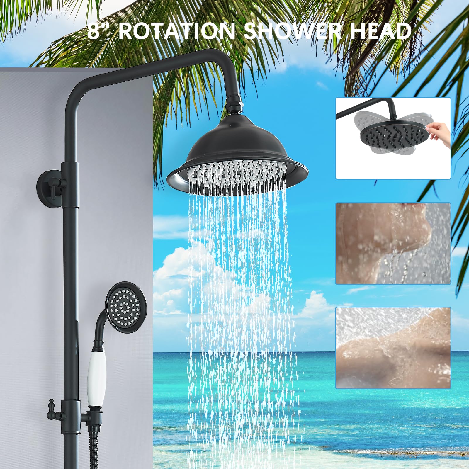 Premium Matte Black Outdoor Shower System - 8 Inch Rainfall Shower Head, Handheld Spray & Tub Spout with 2 Cross Handles - Wall Mounted Bathroom & Backyard Shower Faucet Set for Patio, Poolside & Garden Use