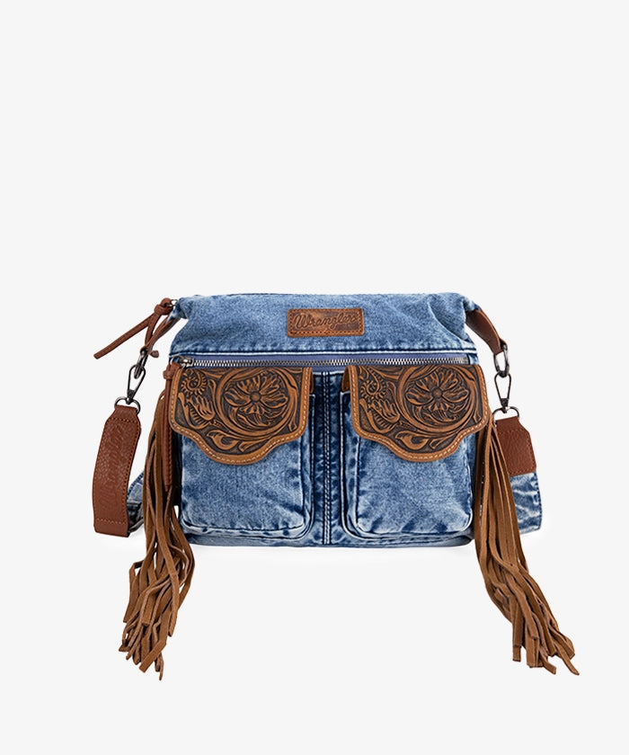 Wrangler Fringe Floral Tooled Denim Crossbody Bag for Women - Western Style Handbag Purse for Casual Outings, Music Festivals & Country Events