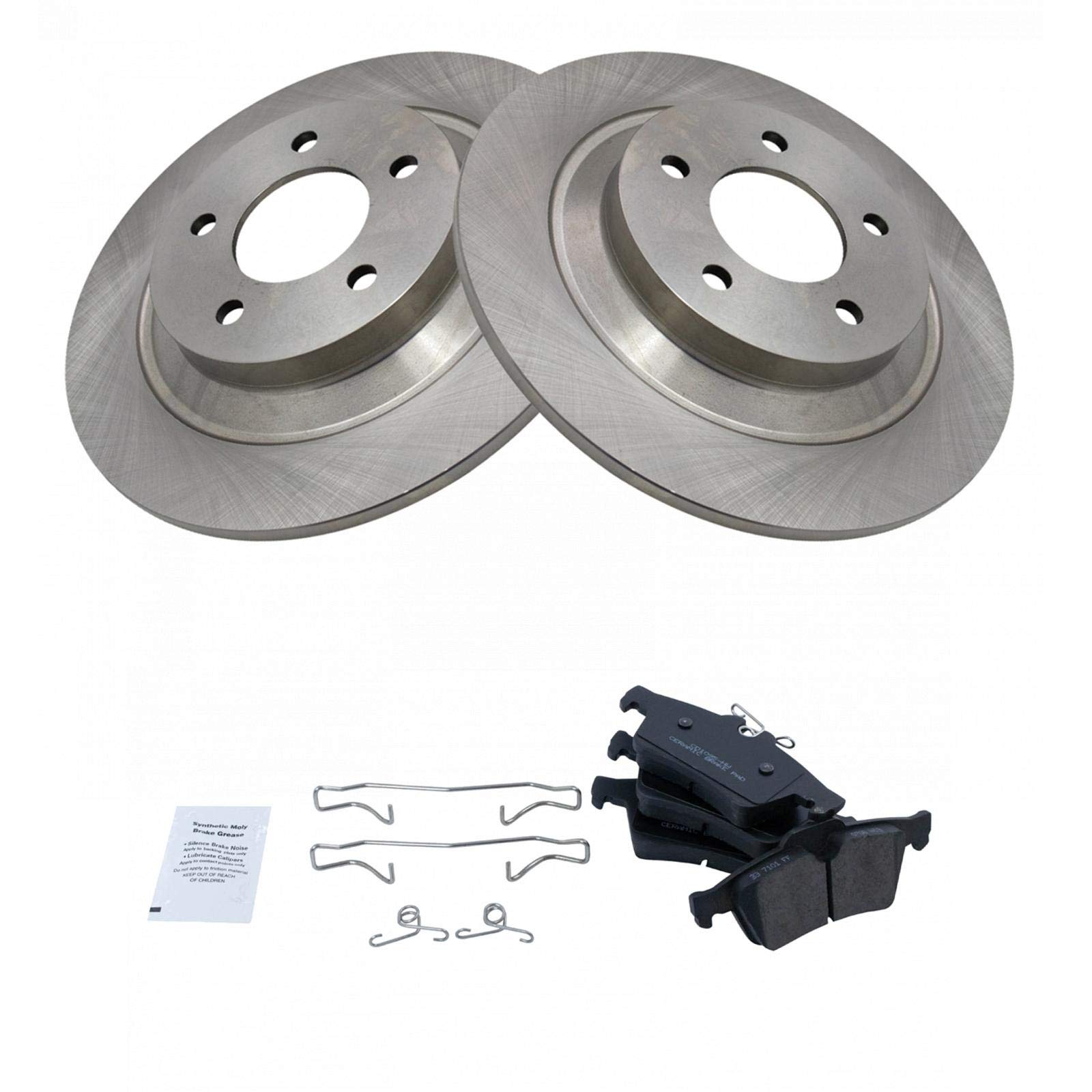 TRQ Rear Brake Pad and Rotor Kit with Ceramic Brake Pads - Compatible with 2007-2015 Mazda 5 - High Performance Braking System for Smooth Stops - Perfect for City Driving and Highway Commutes