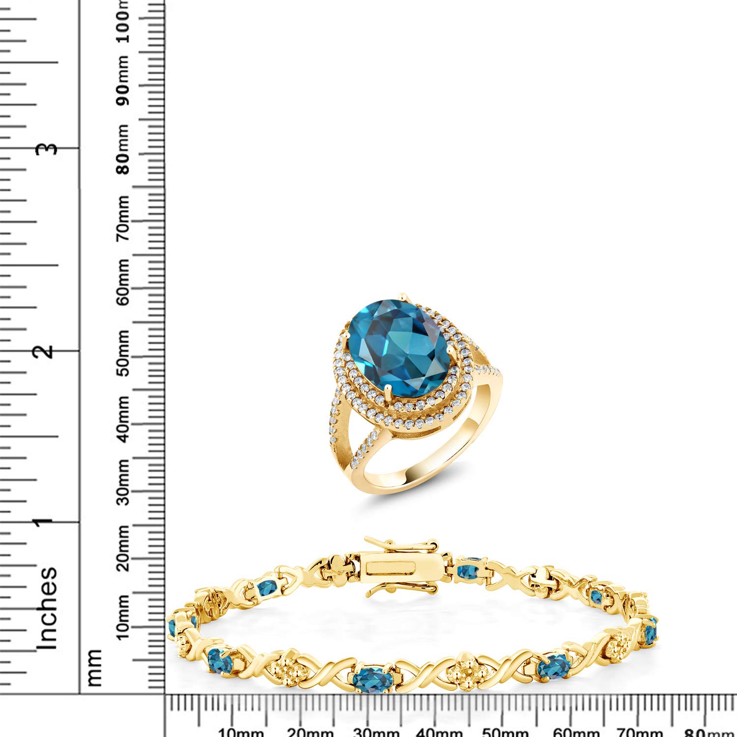 12.14 Ct Oval London Blue Topaz 18K Gold Plated Silver Ring & Bracelet Set for Women | Elegant Jewelry Gift for Anniversary, Birthday & Special Occasions