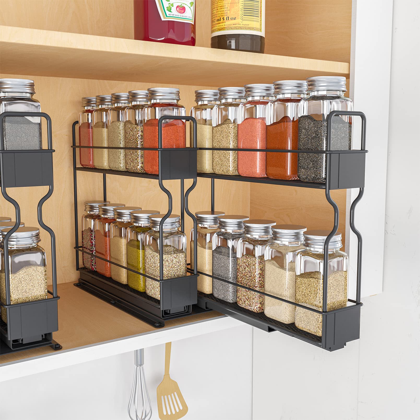 SpaceAid Pull-Out Spice Rack Organizer with 20 Jars - 2-Tier Slide-Out Cabinet Organizer for Kitchen, Includes Labels (5.2