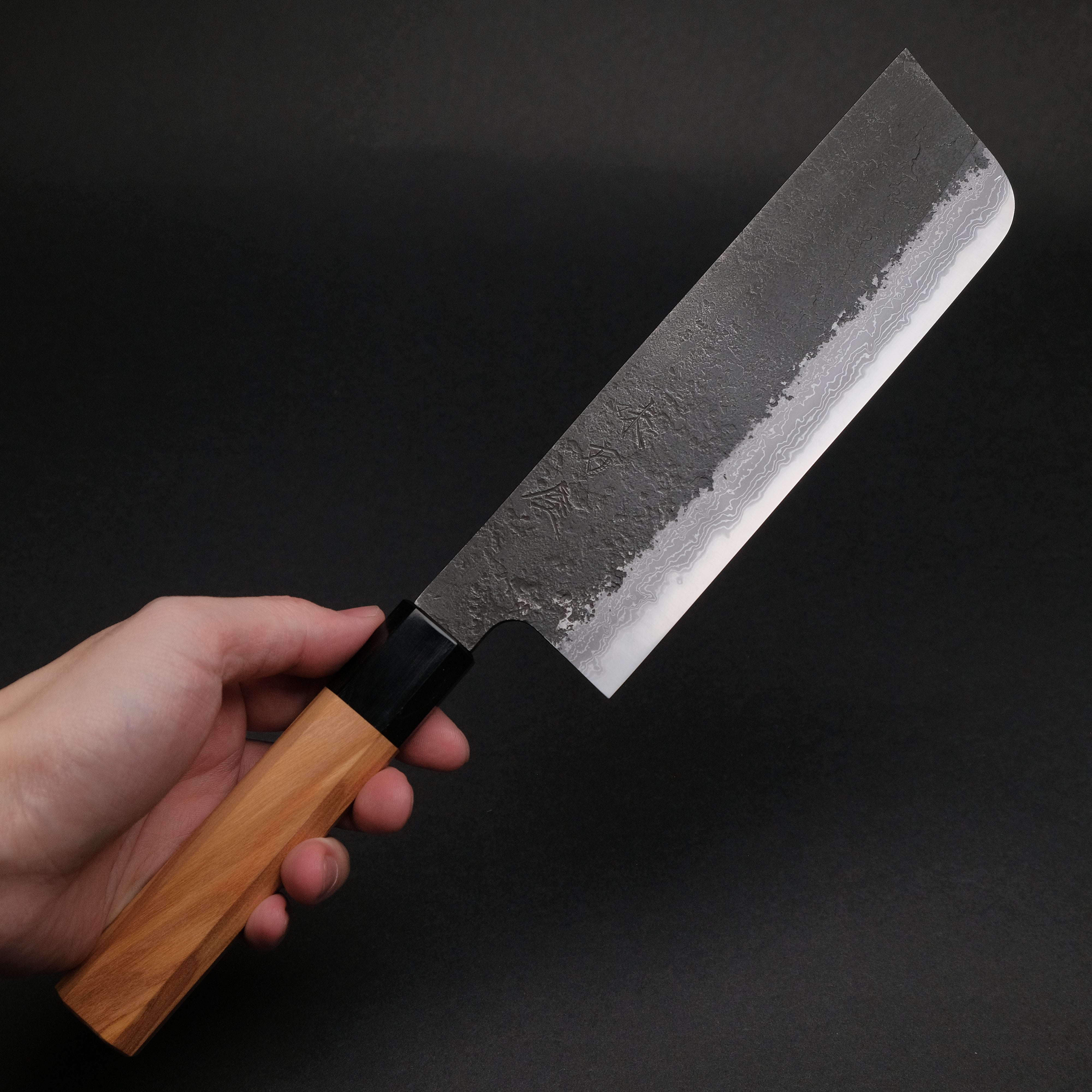 Ajikataya White #2 Nashiji Damascus Nakiri Knife 180mm - Olive Wood & Buffalo Horn Handle - Professional Japanese Vegetable Knife for Precise Chopping, Slicing, and Dicing in Home Kitchens