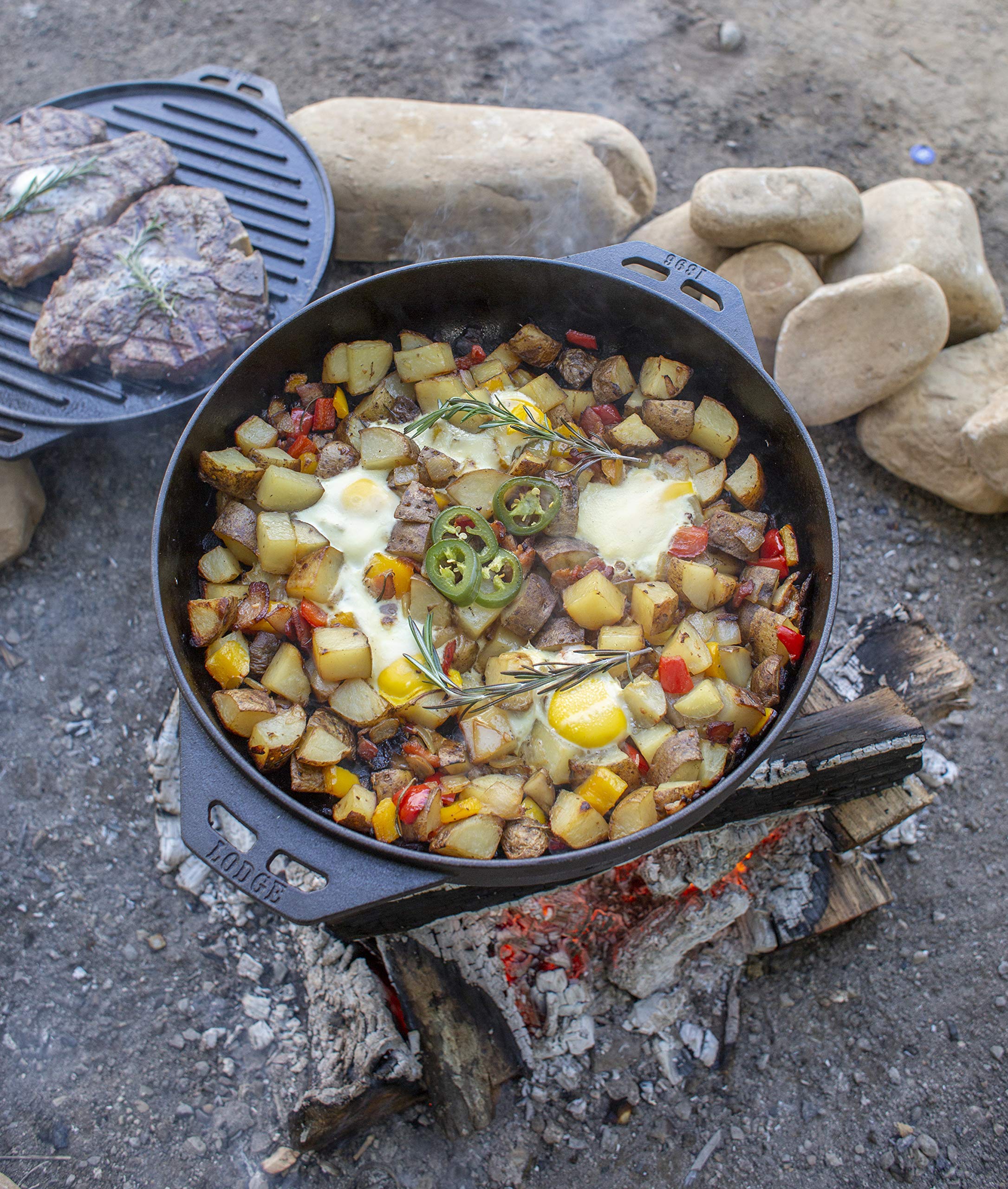Lodge Cast Iron Cook-It-All Kit - 5-Piece Cast Iron Cookware Set with Reversible Grill/Griddle (14 Inch), 6.8 Quart Dutch Oven/Wok, Heavy Duty Handles & Cooking Guide - Perfect for Camping, Outdoor Cooking & Home Kitchen Use