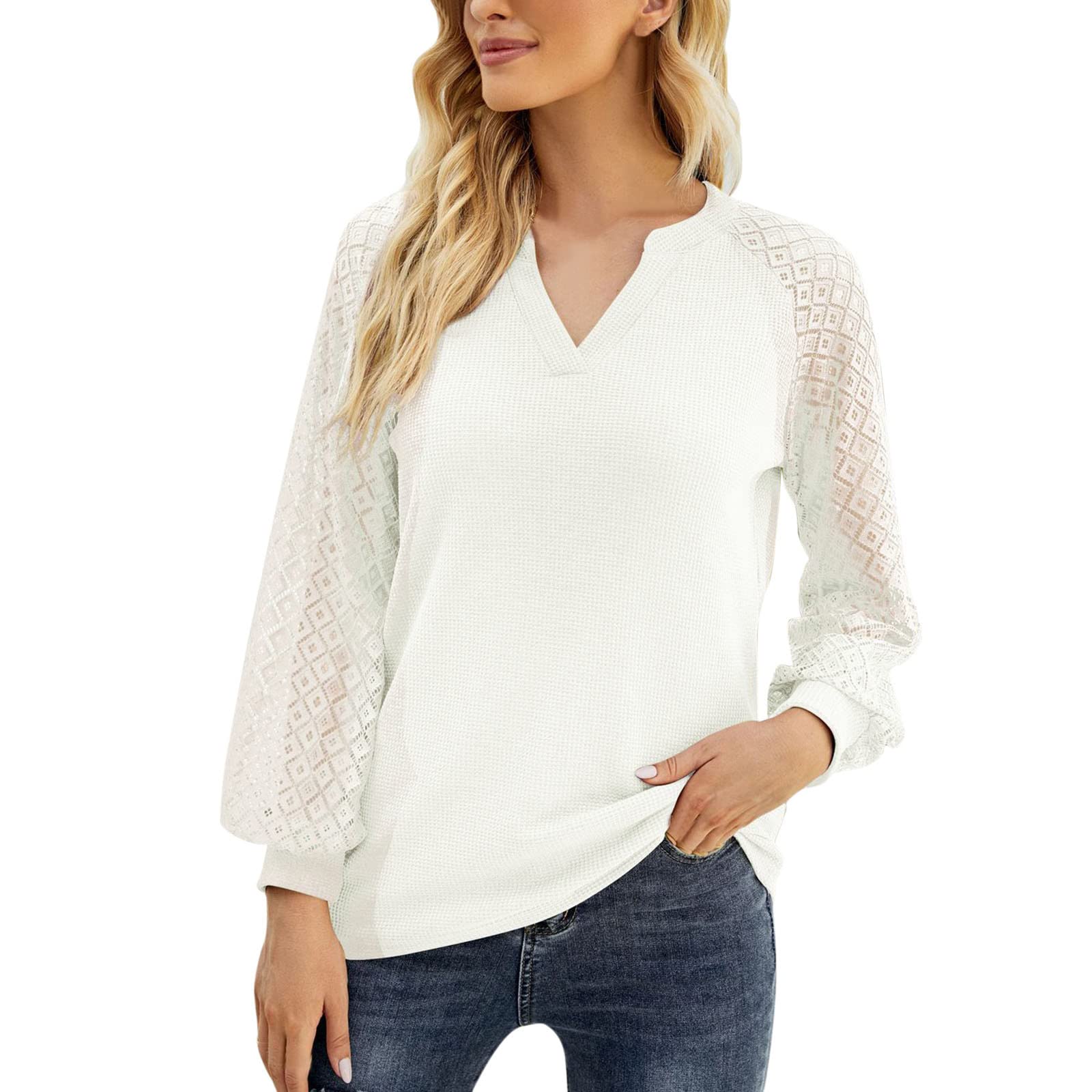 Women's Business Casual Button Down Shirts - V-Neck Long Sleeve Blouse with Solid Lace Splicing Detail | Perfect for Office Wear, Business Meetings & Professional Outfits