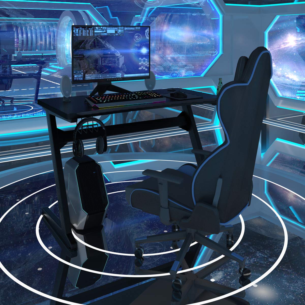 Tangkula Z-Shaped Ergonomic Gaming Desk - Carbon Fiber Surface Computer Desk with Cup Holder, Headphone Stand & Mouse Pad - Sturdy Steel Frame Workstation for PC Gamers & Streamers (Black) | Perfect for Esports, Home Office & Gaming Setups