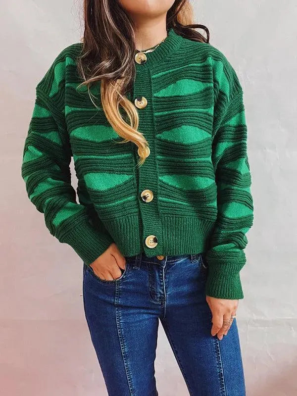 Women's Striped Contrast Crewneck Short Cardigan Sweater - Lightweight Knit Open Front Cover-Up for Spring & Fall Layering