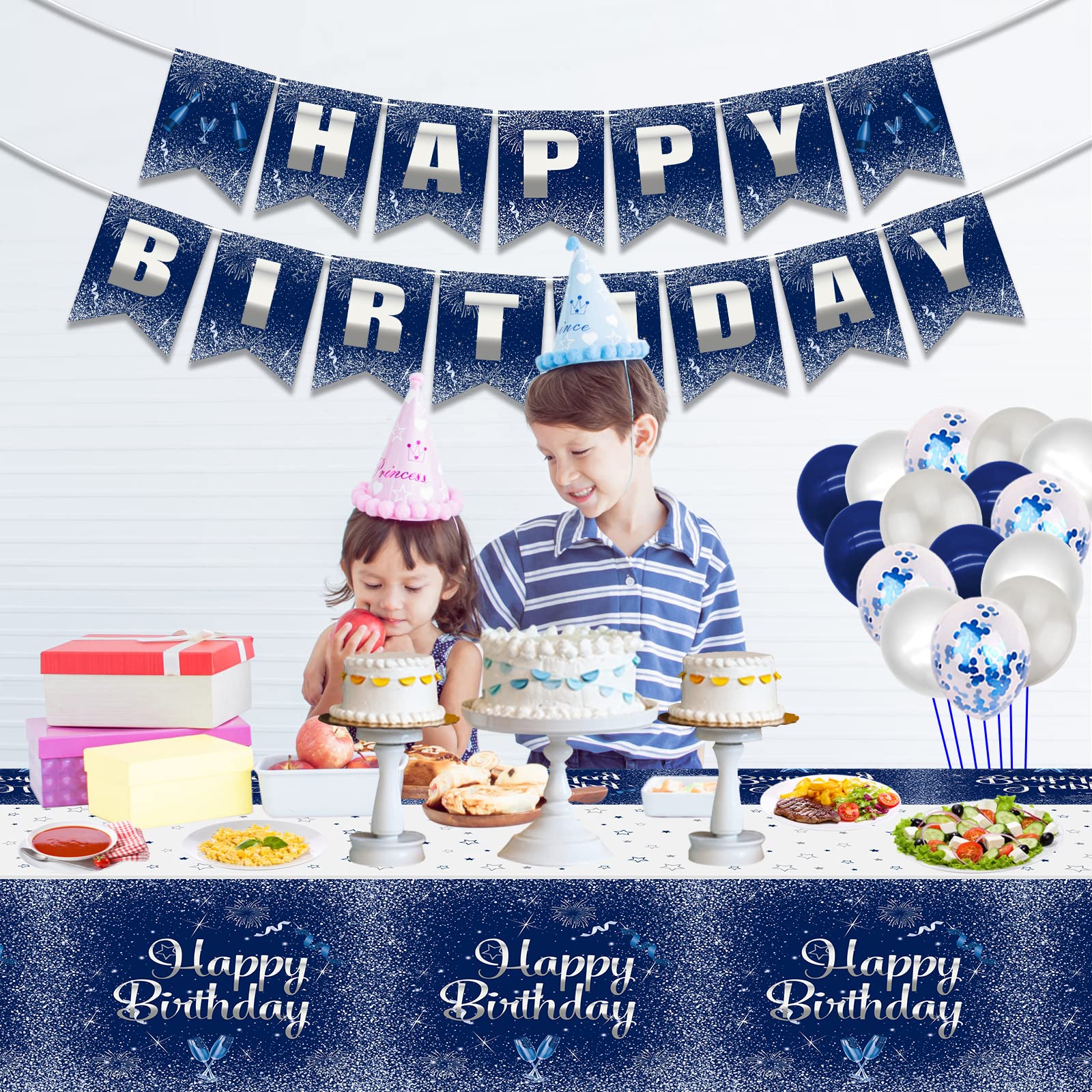 2 Pack Navy Blue & Silver Happy Birthday Tablecloths - 51x87 Inch Disposable Plastic Rectangle Table Covers for Birthday Party Decorations (Men, Women, Boys & Girls) - Perfect for Indoor & Outdoor Celebrations, Baby Showers, Anniversary Parties & Special Events