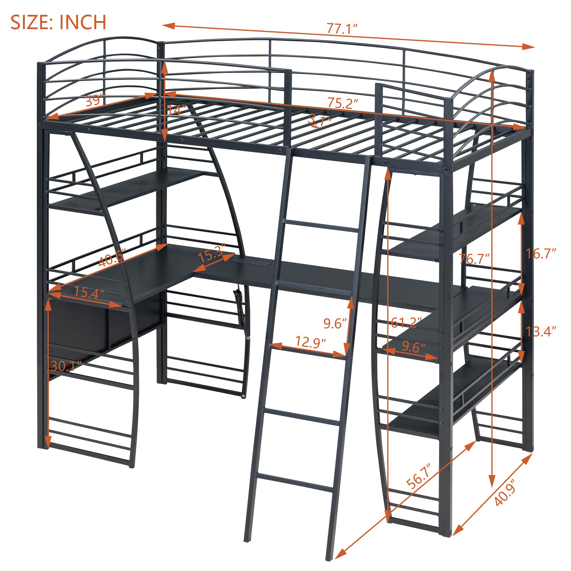 Harper & Bright Designs Twin Size Loft Bed with 4-Tier Shelves & L-Shaped Study Desk - Sturdy Metal Frame with Built-in USB Ports, Power Outlets & Wireless Charging - Space-Saving Black Loft Bed for Kids & Teens - Perfect for Small Bedrooms, Dorms & Studio Apartments