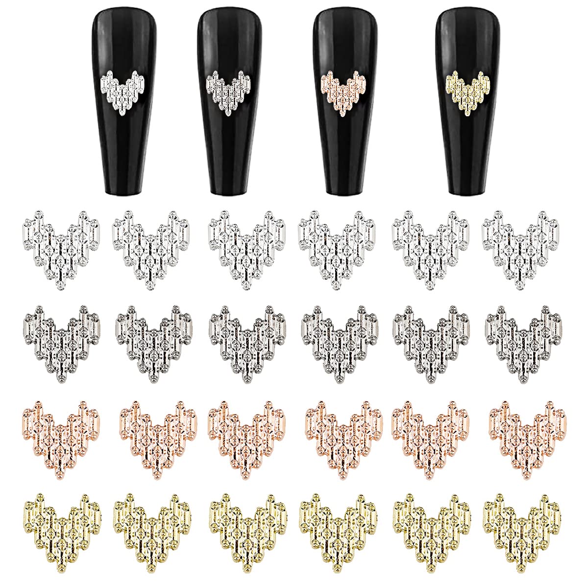 80Pcs 3D Heart Nail Charms - Gold & Silver Shiny Metal Love Heart Nail Art Studs for Nail Decorations, DIY Crafts | Perfect for Valentine's Day, Bridal Nails, and Party Nail Art Designs