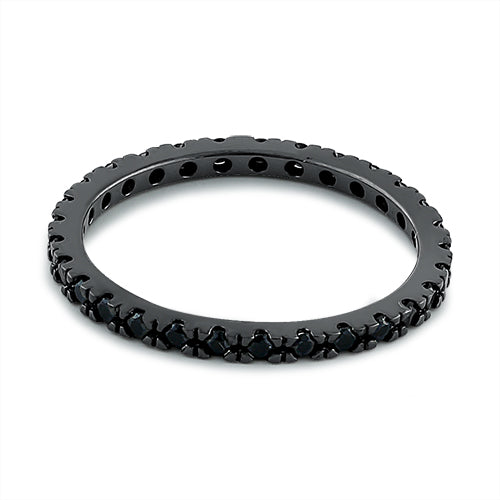 Black Rhodium Plated Sterling Silver Eternity Ring with Black CZ Stones - Elegant Wedding Band, Anniversary Gift for Women & Men - Perfect for Engagements, Promises & Special Occasions
