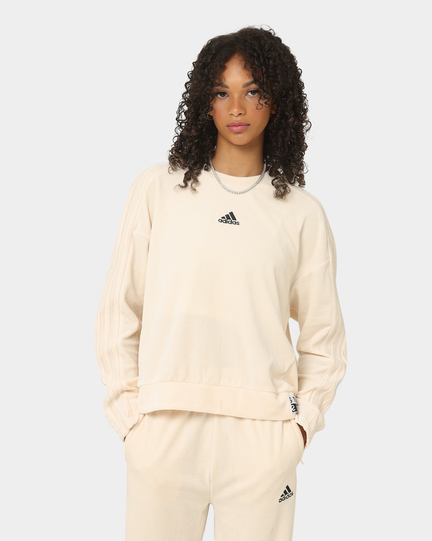 Adidas Women's Velour Crewneck Sweatshirt - Wonder White | Soft & Comfortable Casual Wear for Women | Perfect for Gym, Lounge & Everyday Outfits