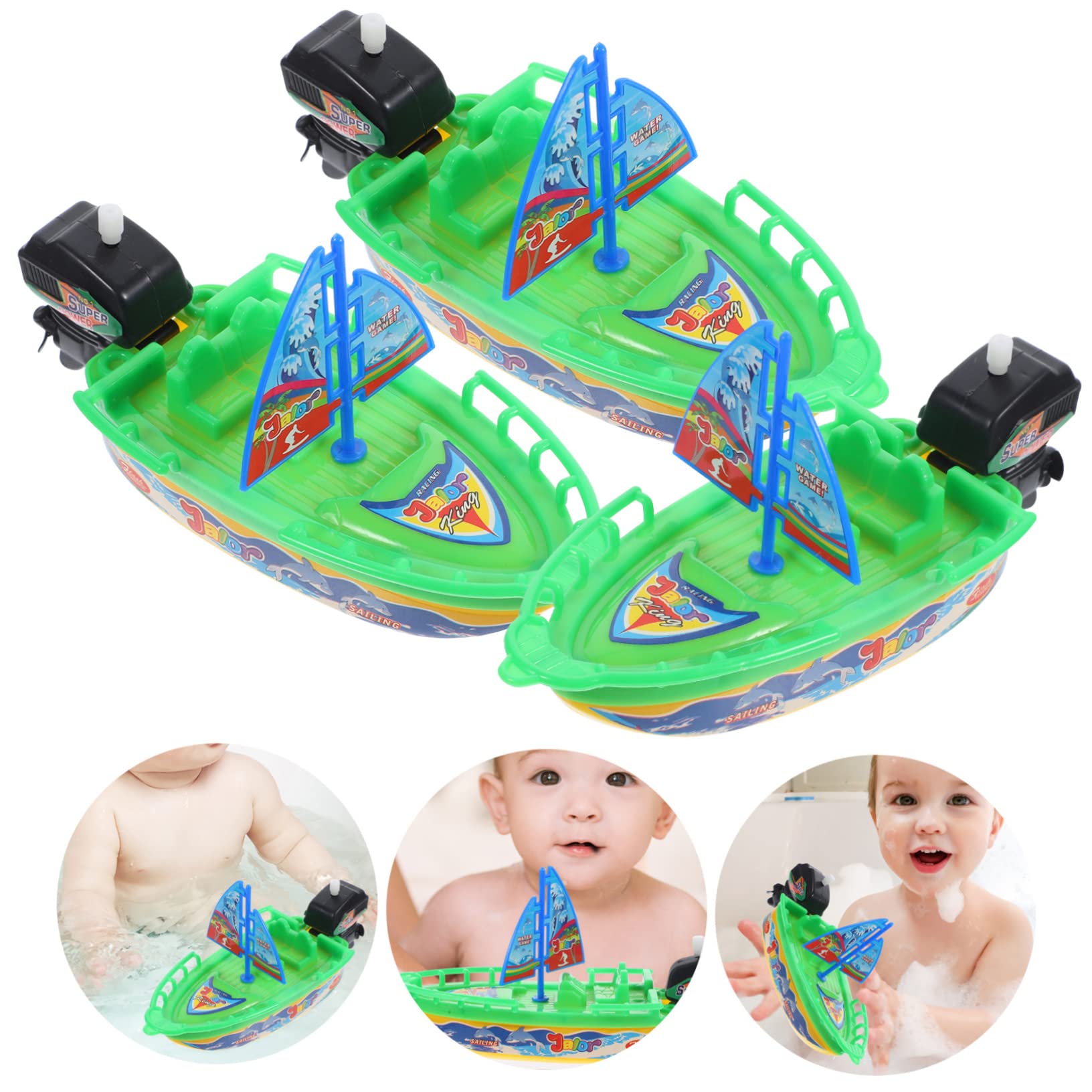 HAWILLOSCH 3-Piece Clockwork Boat Toy Set - Wind-Up Speedboat, Submarine & Bathtub Toys for Kids - Durable Plastic Bath Time Fun (Perfect for Pool, Bathtub & Outdoor Water Play)